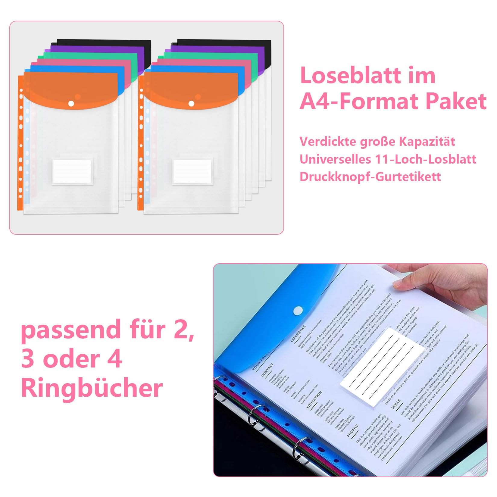 12 Pcs Carpetas Plastico A4 con Anillas, Folders Transparentes A4, Carpeta de Plastico A4Carpetas de Documento Transparentes Impermeables para Organizar Documentos, con 4 Anillos de Encuadernación