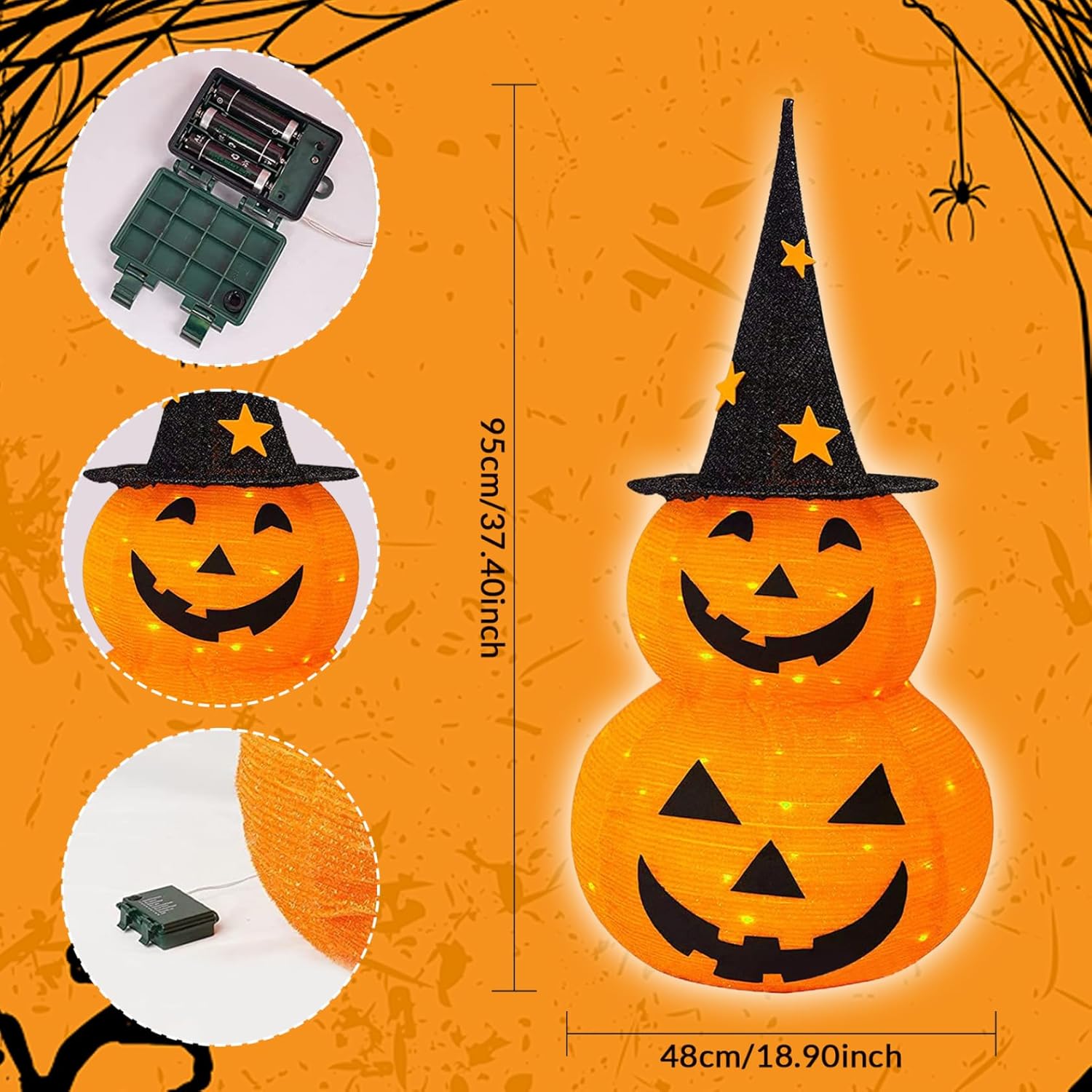 Halloween Lantern 3ft Light Up Halloween Pumpkins with Witch Hat 3 Pumpkins Stack Decorations with 50 Light Beads Collapisible Pumpkin Lights for Outdoor Indoor, Style 1Halloween Decoratio