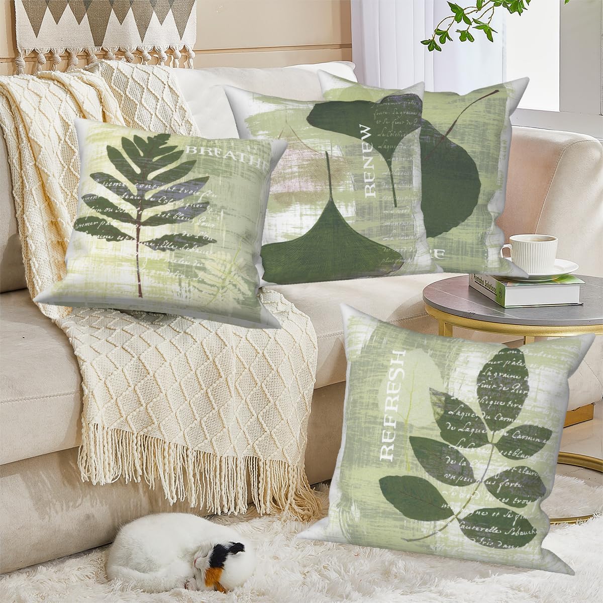 4 Pcs/Set Green Leaves Throw Pillow Covers Spring Vintage Ginkgo Leaves Nature Plants Botanical Minimalist Linen Throw Pillowcases for Couch Sofa Farmhouse Decoration, 18"x18"