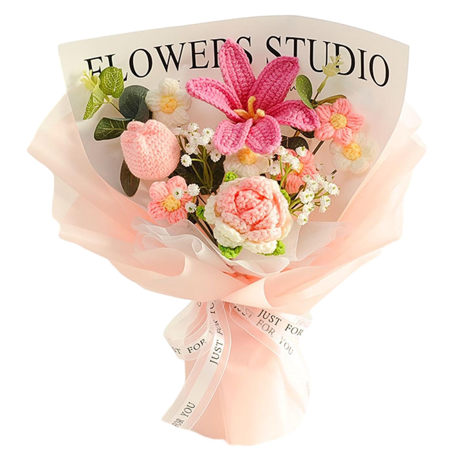 Gralara Gehäkelter Blumenstrauß, bereits hergestellter künstlicher Blumenstrauß, gestrickte Blumen für Zuhause, rosa Rosenblume