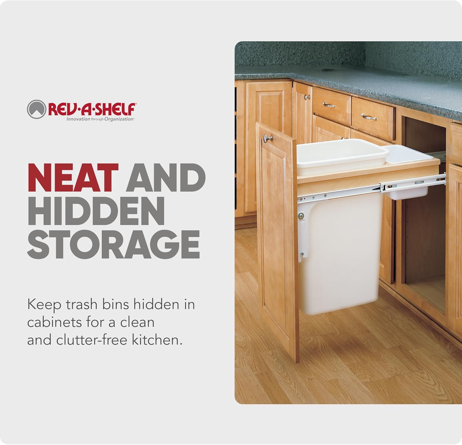 Rev-A-Shelf Top Mount Single Pullout Under Cabinet 50 Quart Kitchen Trash Cans for Full Height Cabinet, 150 Pound Rated Full-Extension Slides, 4WCTM-1550DM-1