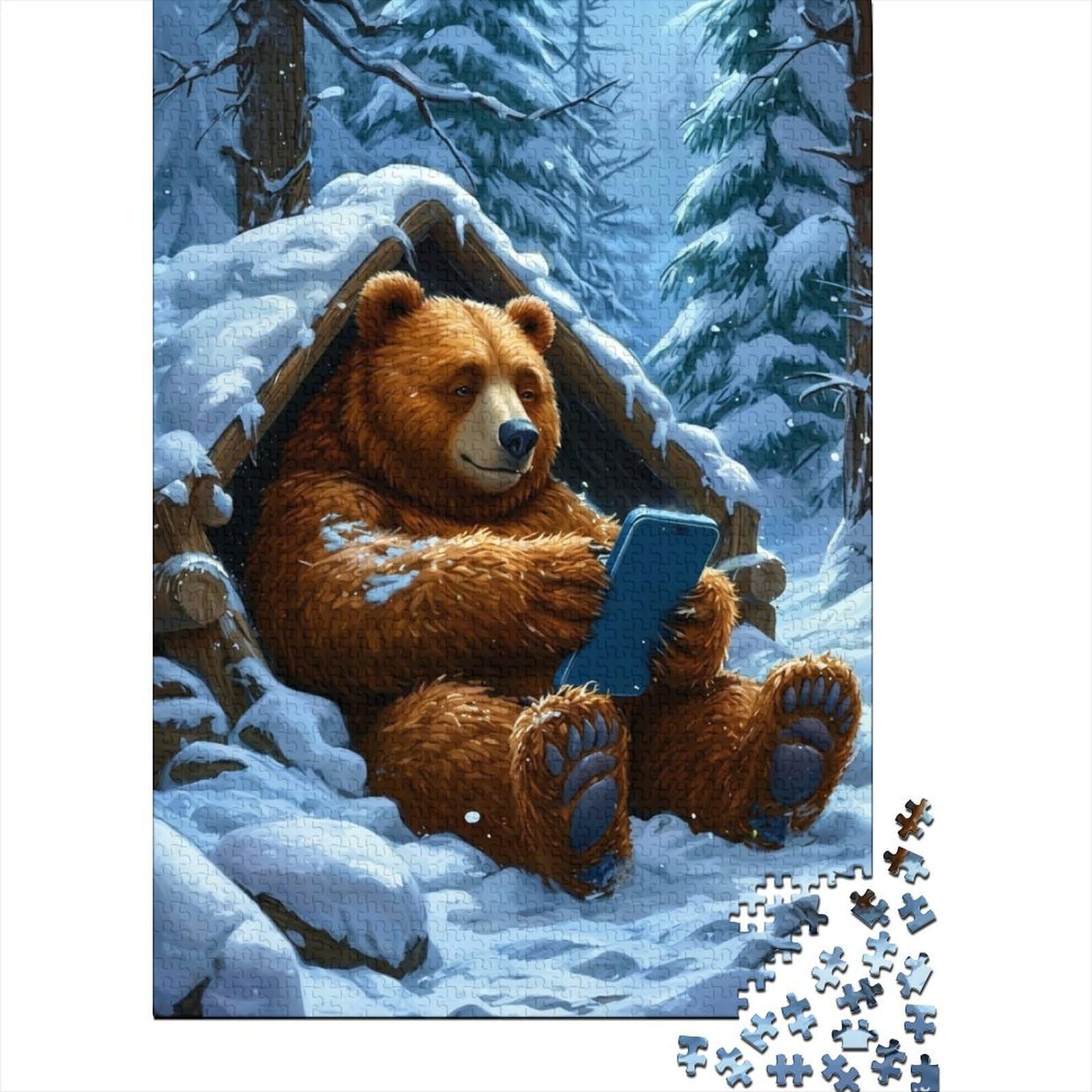 3D Printed Cozy Bear Cabin Fitted Sheet Microfiber Warm Brown Forest Snow Mattress Cover for Bedroom Home Decor 90x200x25cm