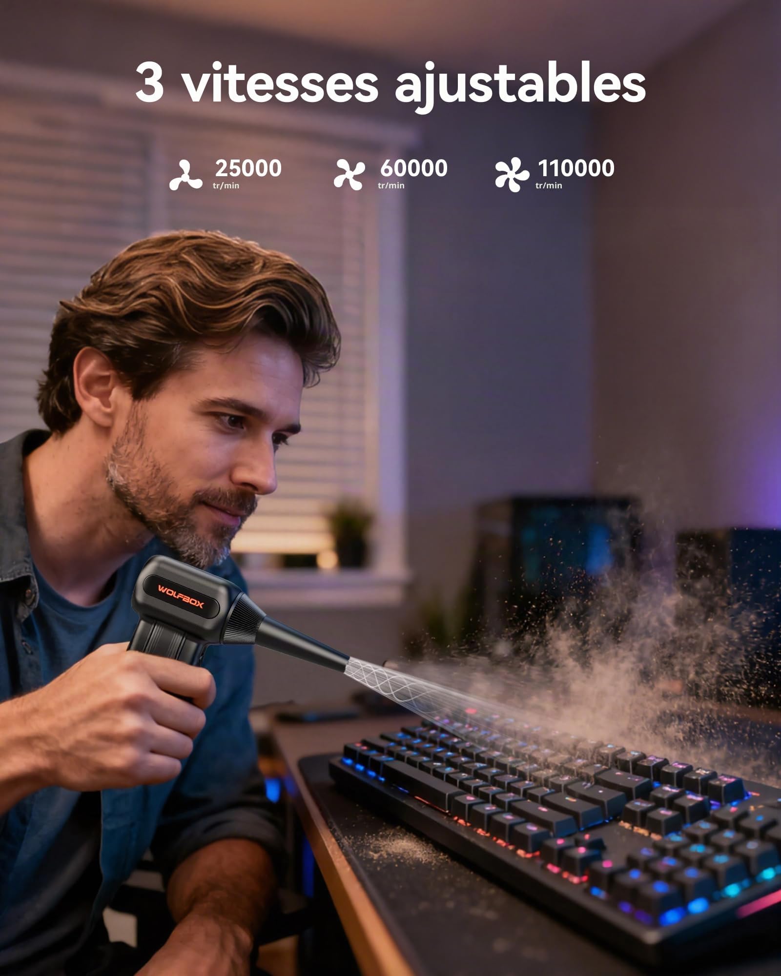 WOLFBOX MF60 Souffleur Air Comprimé, 110000 TR/Min Souffleur PC Puissant Sans Fil, Mini Souffleur 3 Vitesses, Autonomie 240 Min, Dépoussiérant pour Clavier Voiture Maison, 5 Buses