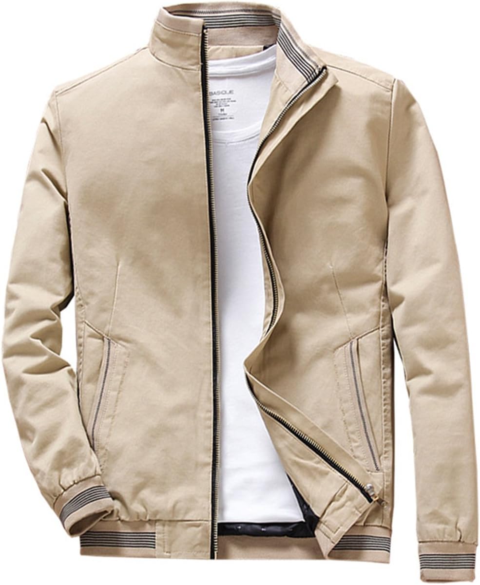 Mens Stand Collar Cotton Coat Outerwear, Front Zip Jacket