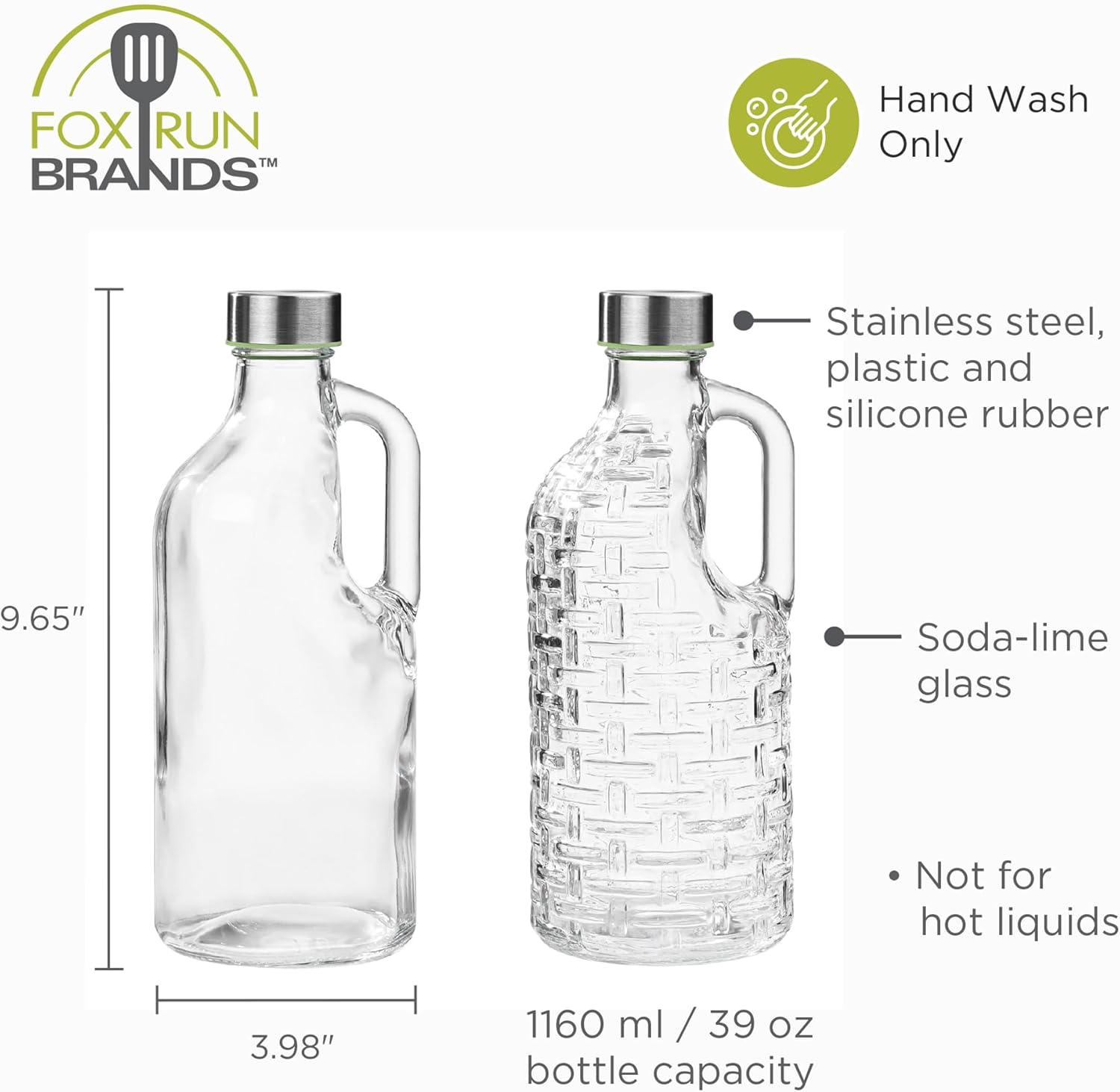Fox Run Glass Bottle and Lid Set, Set of 2 Glass Pitchers with Stainless Steel Lids, 39 oz/1.15 Liter Capacity Each - Image 7
