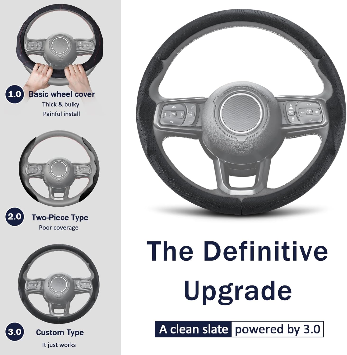3-Piece Leather Steering Wheel Cover, Custom Fit for Jeep Wrangler 2018-2026 Gladiator 2020-2026,Quick Install Ultra-Thin & Non-Slip,Interior Car Accessories for Men Women(Black Hole)