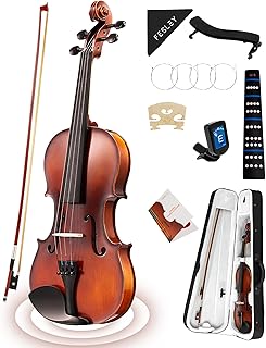 Fesley Violin Fiddle Full Set: 4/4 Matt Violin Kit for Beginners, Acoustic Violin with Hard Case, Solidwood Hand Made Starter Kit with Bow, Shoulder Rest, Tuner, Extra Strings