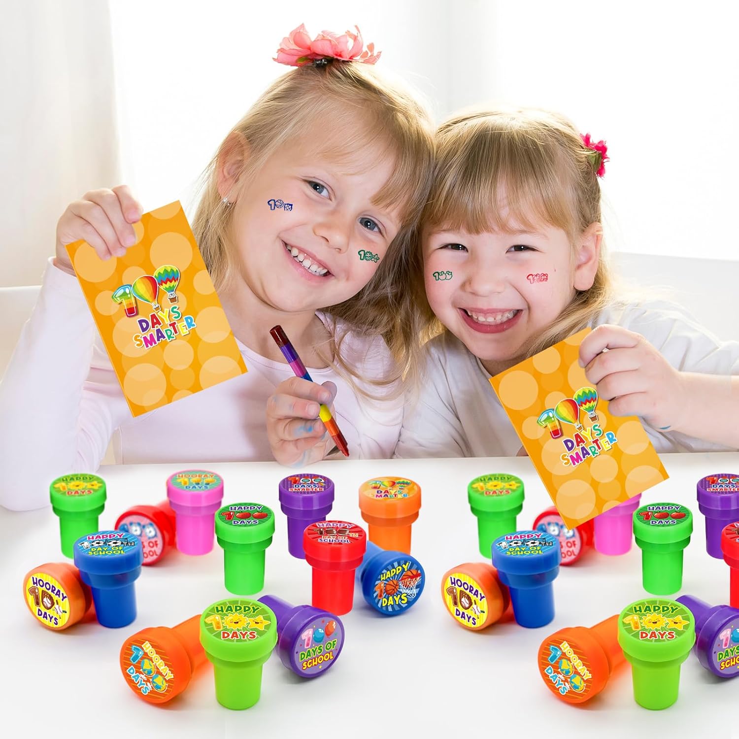 Cinrobiye 24 Pcs Happy 100th Day Party Stampers for Boys Girls,100th Day of School Party Supplies Favors, Classroom Rewards Carnival Prizes, Goodie Bag Pinata Fillers for 100 days of school (100 day)