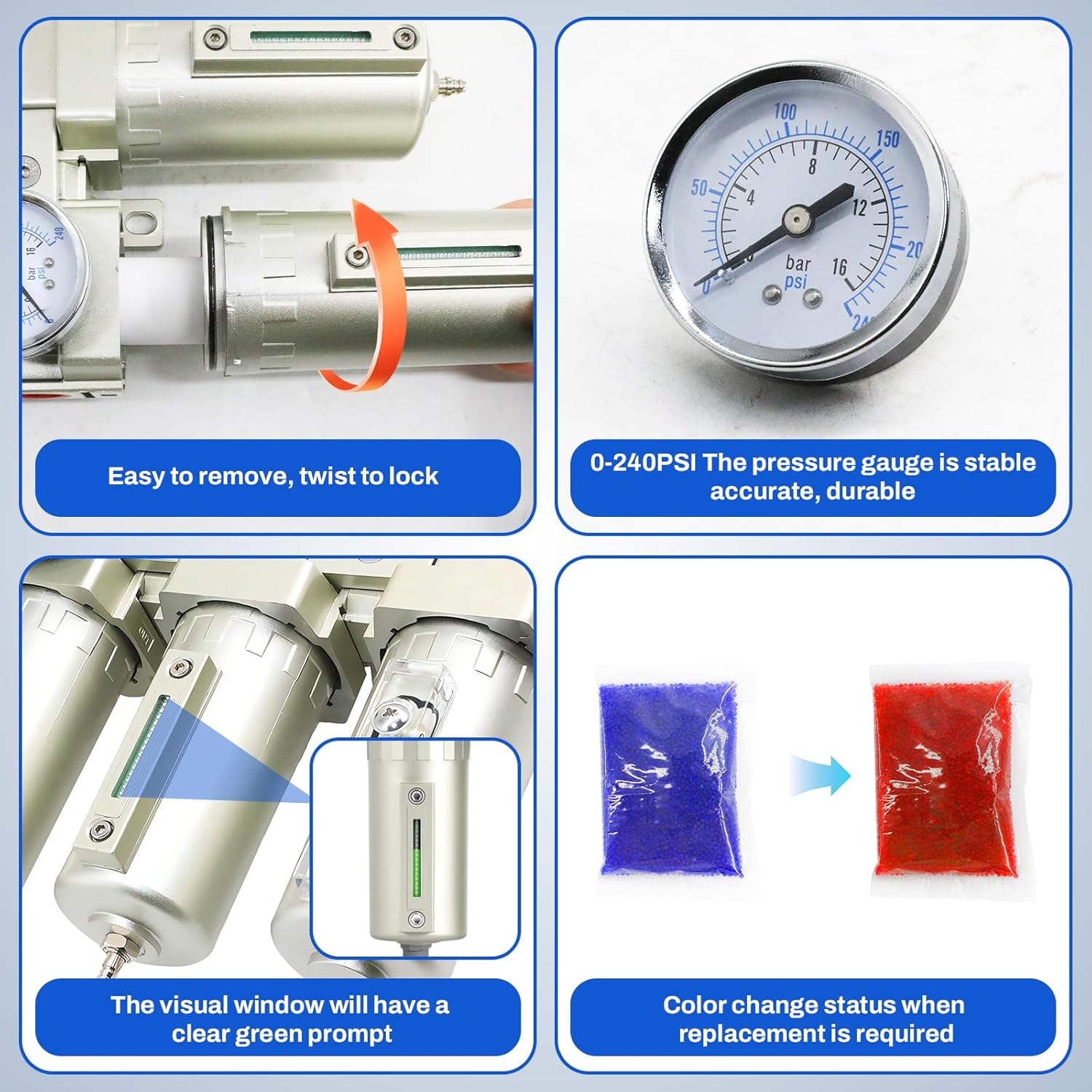 3/4"-Air-Dryer-for-Compressor, Auto Drain Air-Compressor-Filter-Dryer-System for Plasma Cutter and Paint Spray, 4 Stage NPT Industrial Grade 3Filter&1Drying System