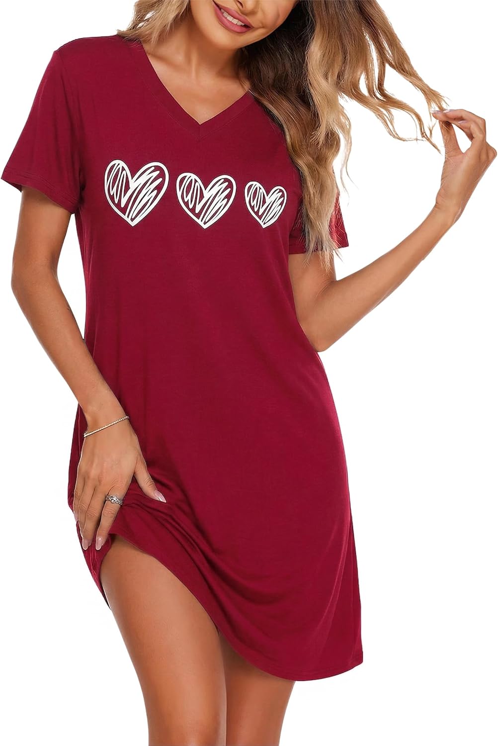 Marvmys Nachthemd Dames Korte Mouw Katoen V-hals Nachthemden Plus Size Slaapshirt Gedrukt Cœur Nachtkleding Vrouwen Zomer S-4XL, A-bordeauxrood, 4XL