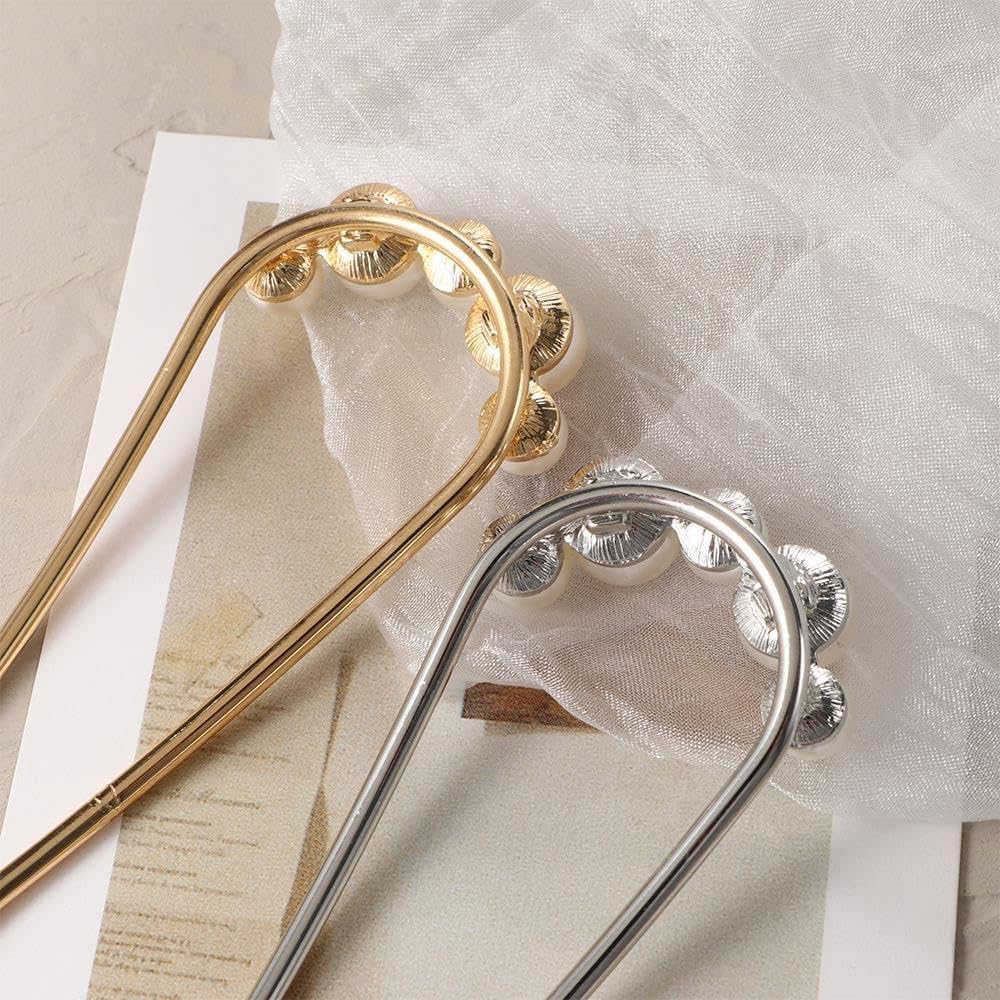 2 PCS Minimalist Pearl U Shape Hairpin Metal Silver Hair Fork Stick Updo Hair Sticks Clip French Pearl Hair Pin Decorative Hair Accessories for Women and Girl Headdress 3