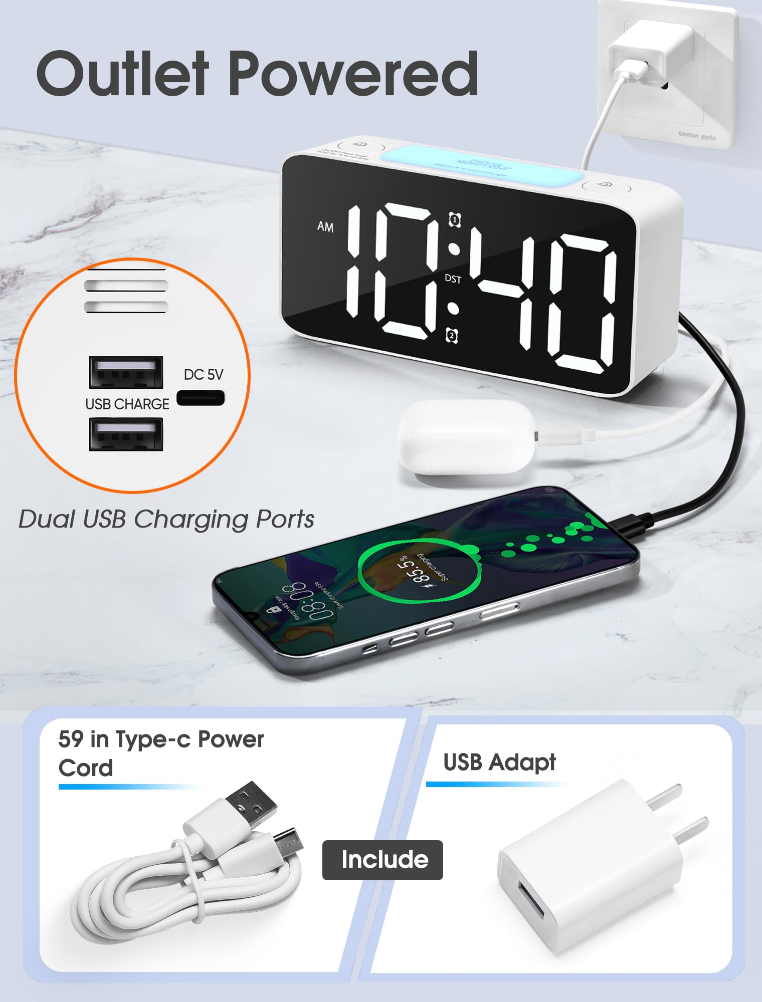 Cadmos Extra lauter Wecker mit 110 dB für schwere Schläfer, digitale Uhr mit 7 Farben-Nachtlicht, RGB-Display, Dual-USB-Ladegerät, kleine Uhren für Schlafzimmer, Kinder, Jugendliche (Weiß + RGB)