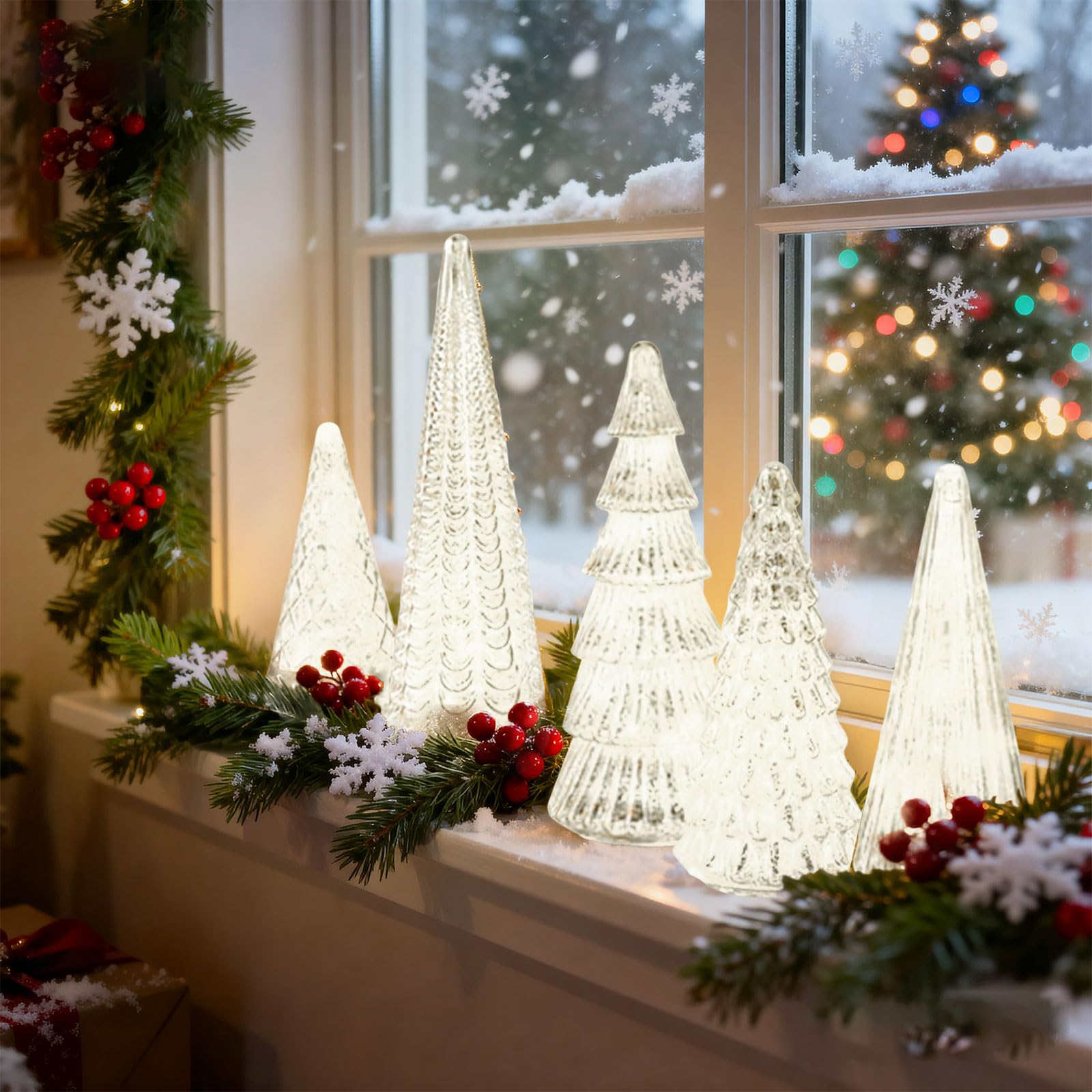 Set of 5 Illuminated Mercury Trees Christmas Decorations, Crackled Trees with Warm LED Glow, Holiday Centerpiece Decor for Mantel, Tabletop, Home & Office Displays，B — image 1