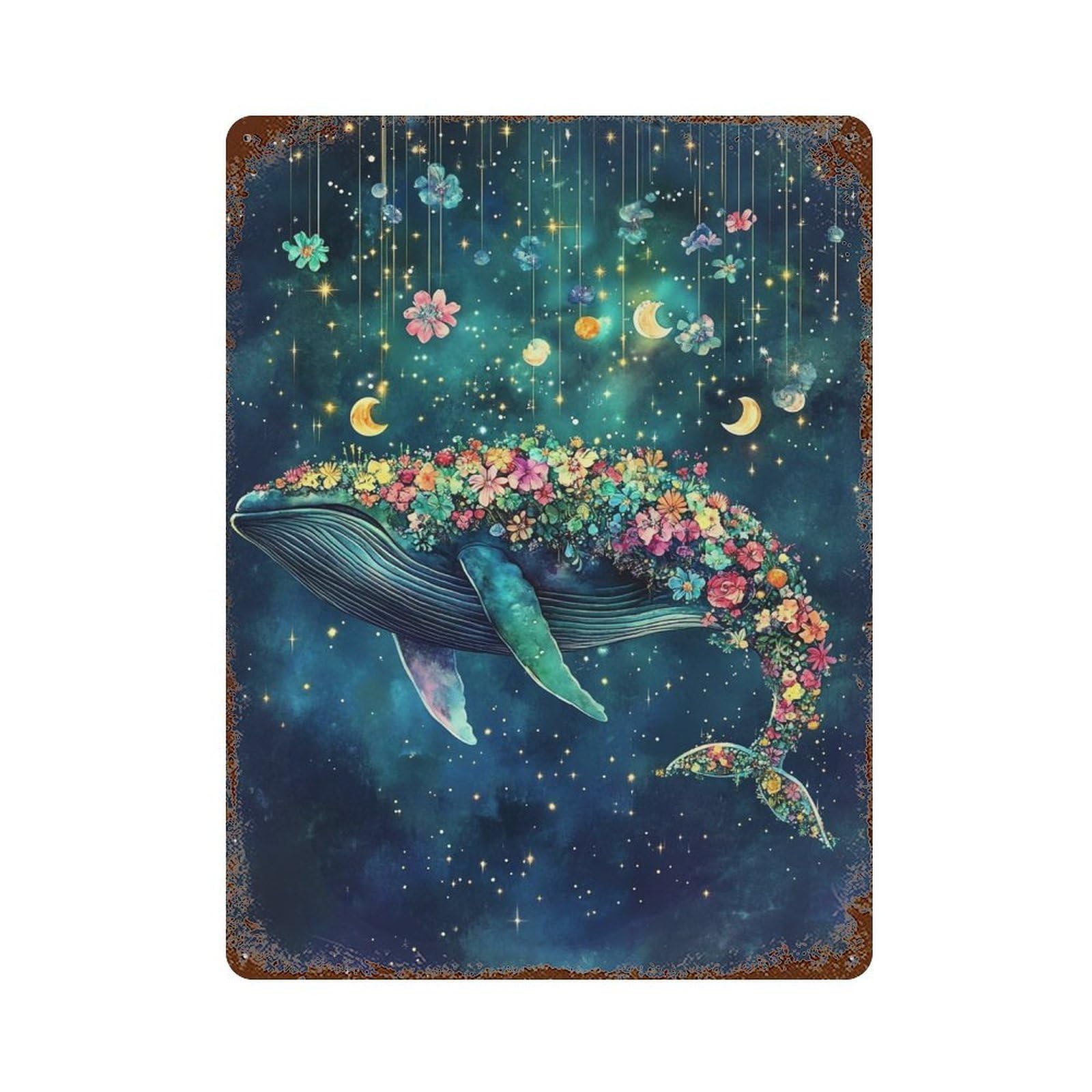 Whale with Flowers in Space-5 Aged Metal Wall Plaque 15.7"x11.8", Classic Wall Plaque for Garage, Pub Or Kitchen