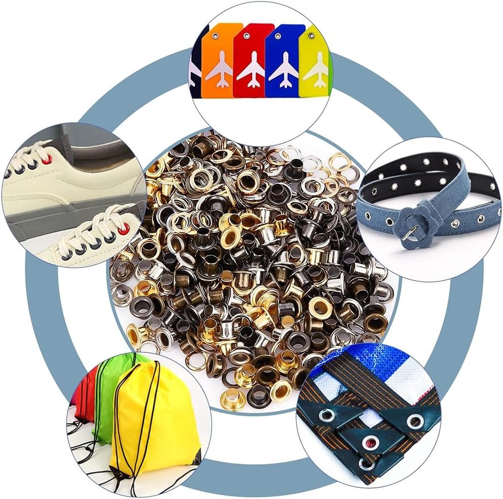 GORGECRAFT 200 Sets 4 Colors Grommets Eyelets with Washers Assortment Kit 0.16 Inch Self Backing Eyelet Mini Gold Silver Black Bronze Metal Eyelet Curtain Grommet for Bead Cores Clothes Leather Canvas
