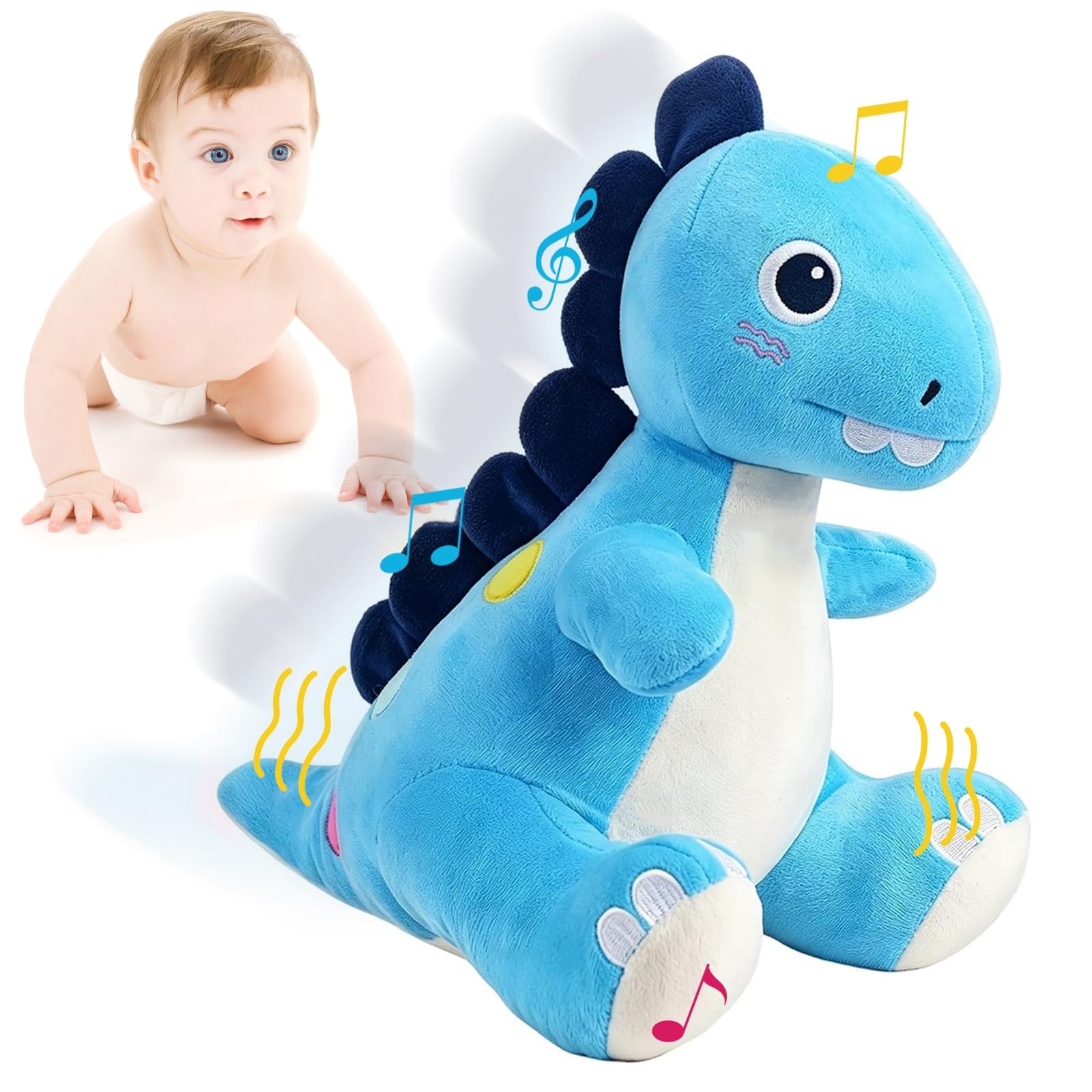 Tokiyis Giochi Neonato 6 Mesi, Dinosauro Peluche Interattivo Musicale Strisciare per Tummy Time, Giocattolo per Imparare a Strisciare da 6 7 8 9 10 12 Mesi, Regalo per Bambini Giocattolo 1 2 3 Anni