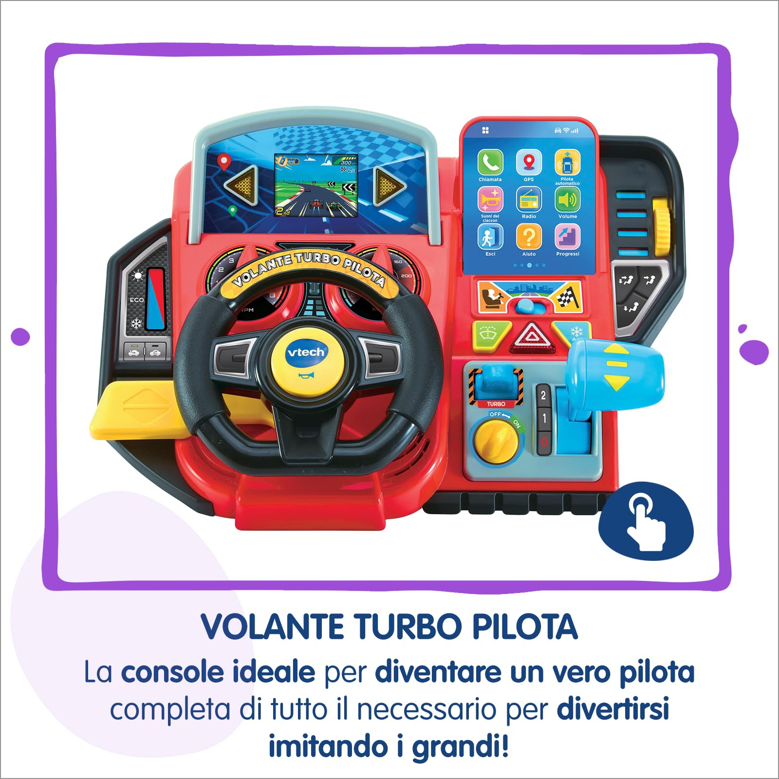 VTech Volante Turbo Pilota, Volante Bambini con Cruscotto Interattivo, Oltre 20 Giochi Educativi e 9 Circuiti, Schermo LCD, Clacson e Indicatore Direzione, Lingua Italiana, Batterie Incluse, 3-8 Anni