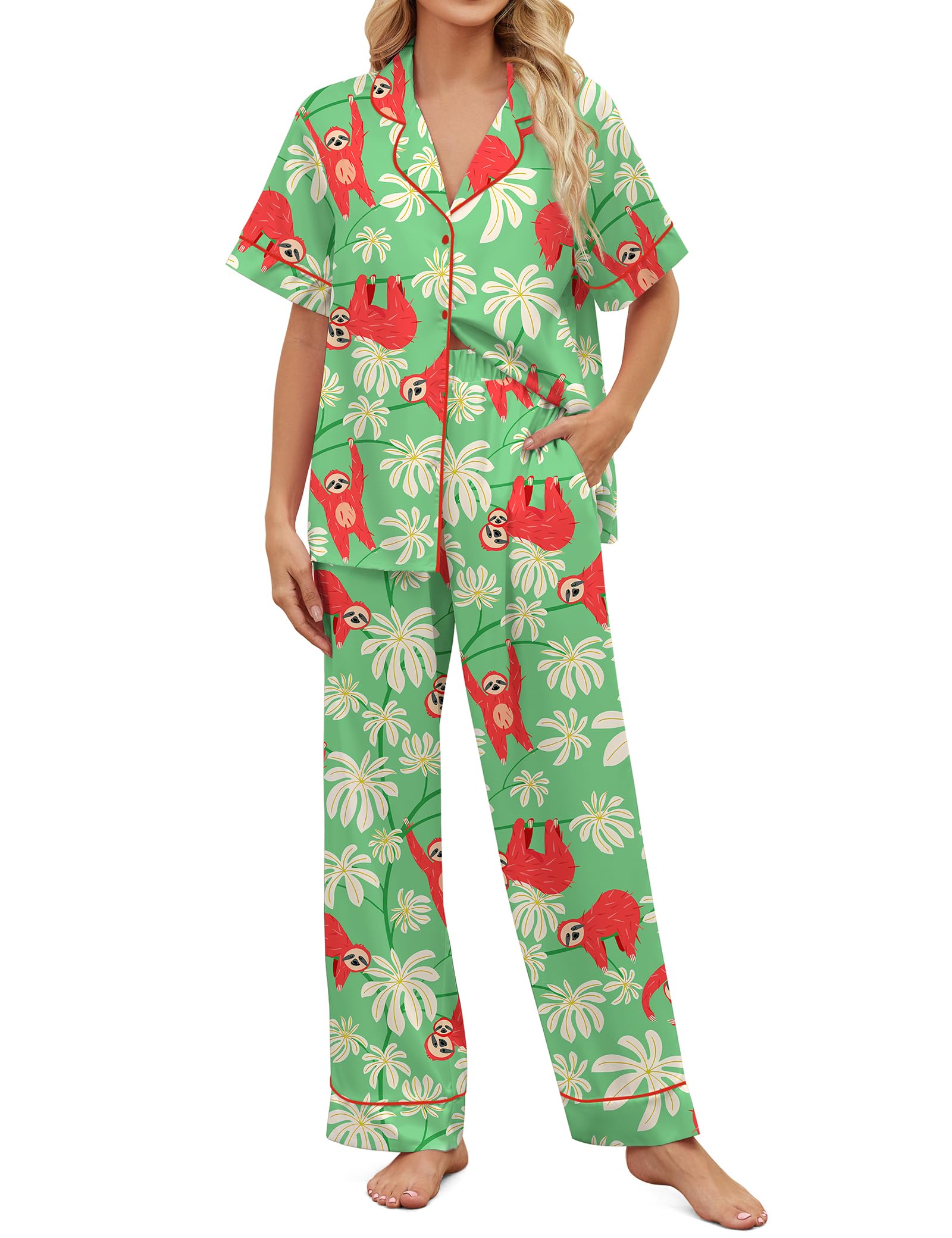 SHESHOW Pajamas for Women 2 Piece Pjs Short Sleeve Button Down Pajamas Cute Sloth Womens Pajama Set S