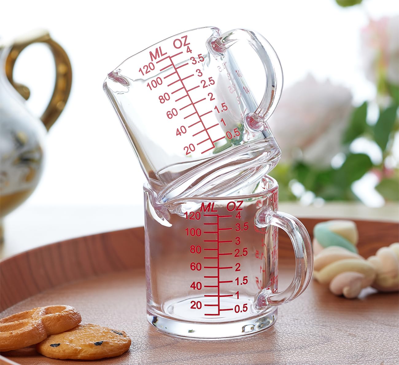 Vaso medidor de vaso de chupito de 120 ml, taza de vidrio expreso alto con asa, doble boquilla (paquete de 2)
