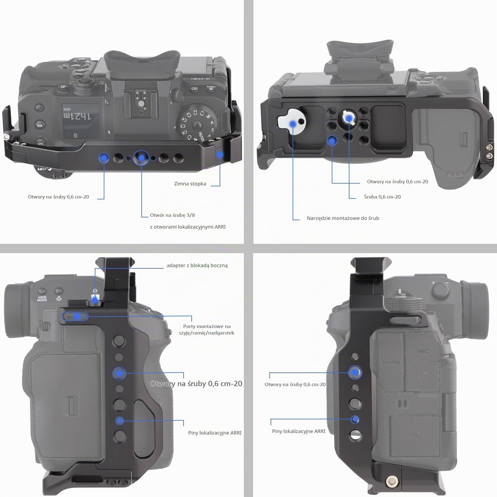 Leftfoto XH2/XH2S klatka na kamerę – aluminiowy wspornik z podstawą Arca, szyna NATO, gwint ARRI pasuje do stabilizatora DJI RS do FujiFilm X-H2/X-H2S Vlog nagrywania wideo