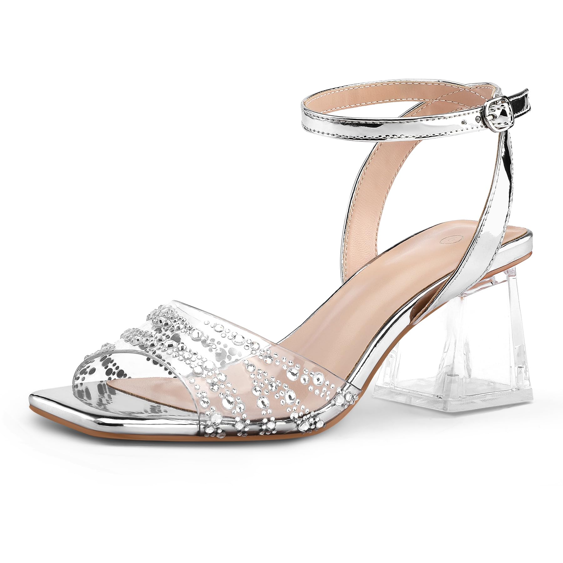 mysoft Women's Clear Heels Low Chunky Heel Open Toe Transparent Zebra Rhinestones Block Heeled Sandals Ankle Strap Shoes