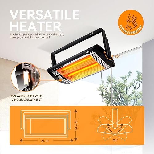 Miniatura 5 de BEYOND HEAT Calentador radiante de cuarzo doble montado en el techo de 7501500W, calentadores eléctricos de garaje con inclinación ajustable de 90