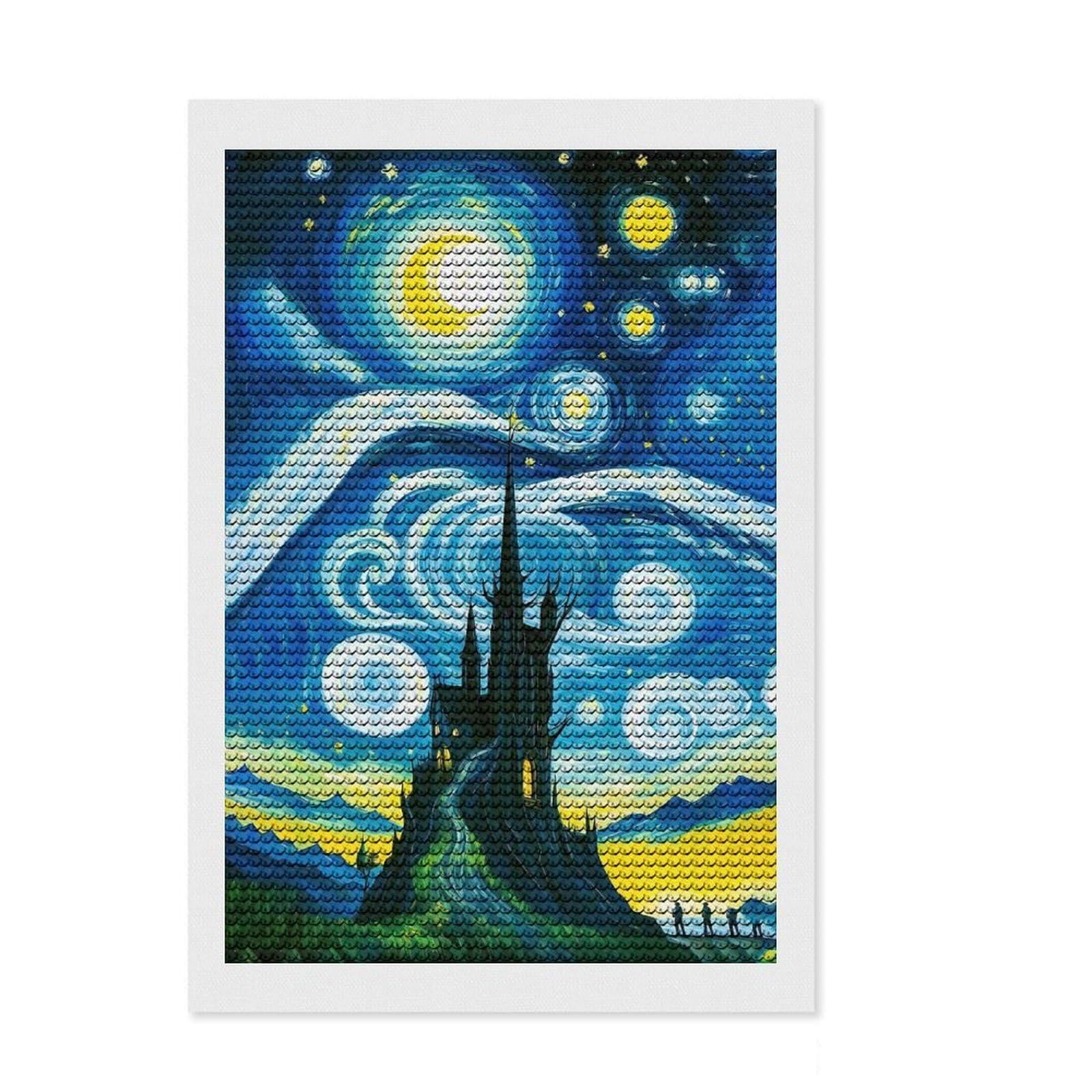 Junmoney The Starry Night Painting Round Drill Diamond Painting 8"x12", for Women, Complete Accessories, Festive Craft Gift, Vintage Style Decor