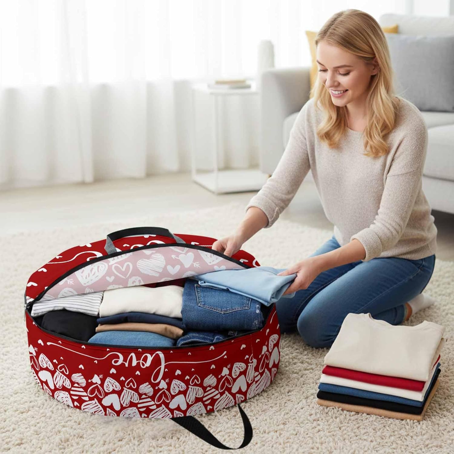 Valentine's Day Round Storage Bag 36 Inch, Love Heart Red White Clothes Storage Container with Handles Heavy Duty Organizer for Comforter, Bedding & Holiday Wreaths