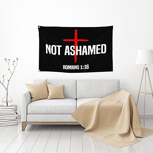 Miniatura 6 de Bandera de Romanos 1 16 con texto en inglés "Not Ashamed Romans 1 16", bandera cristiana de fe sobre el miedo de Jesús y Jesús de 3 x 5 pulgadas,