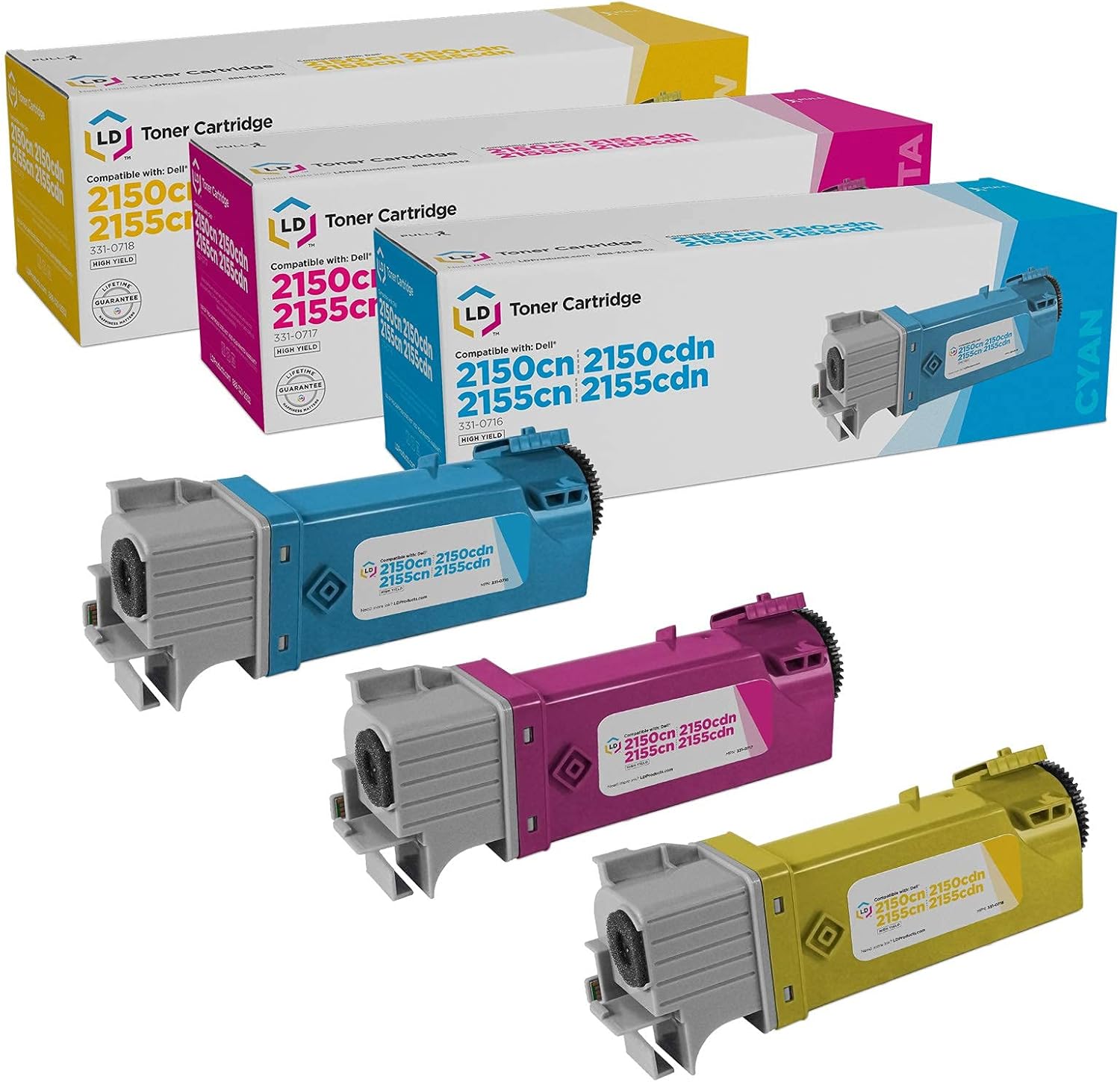 LD Products Compatible Dell 331-0716, 331-0717, 331-0718 Set of 3 Color Toner Cartridges: 1 Cyan, 1 Magenta and 1 Yellow for use in Dell 2150cdn, 2150cn, 2155cdn & 2155cn Printers