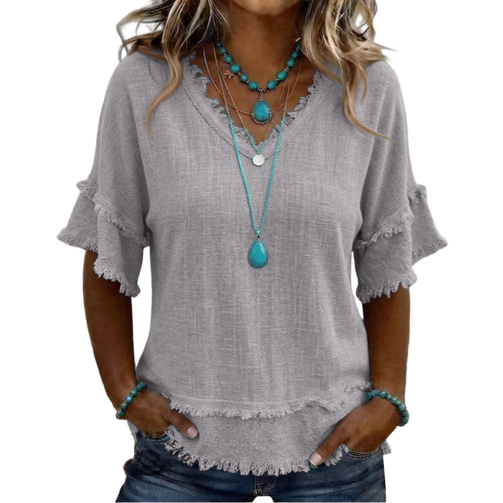 Fringe Boho Tops for Women Casual Cotton Linen Distressed V Neck Short Sleeve Blouses Gauze Raw Edge Hem Shirts