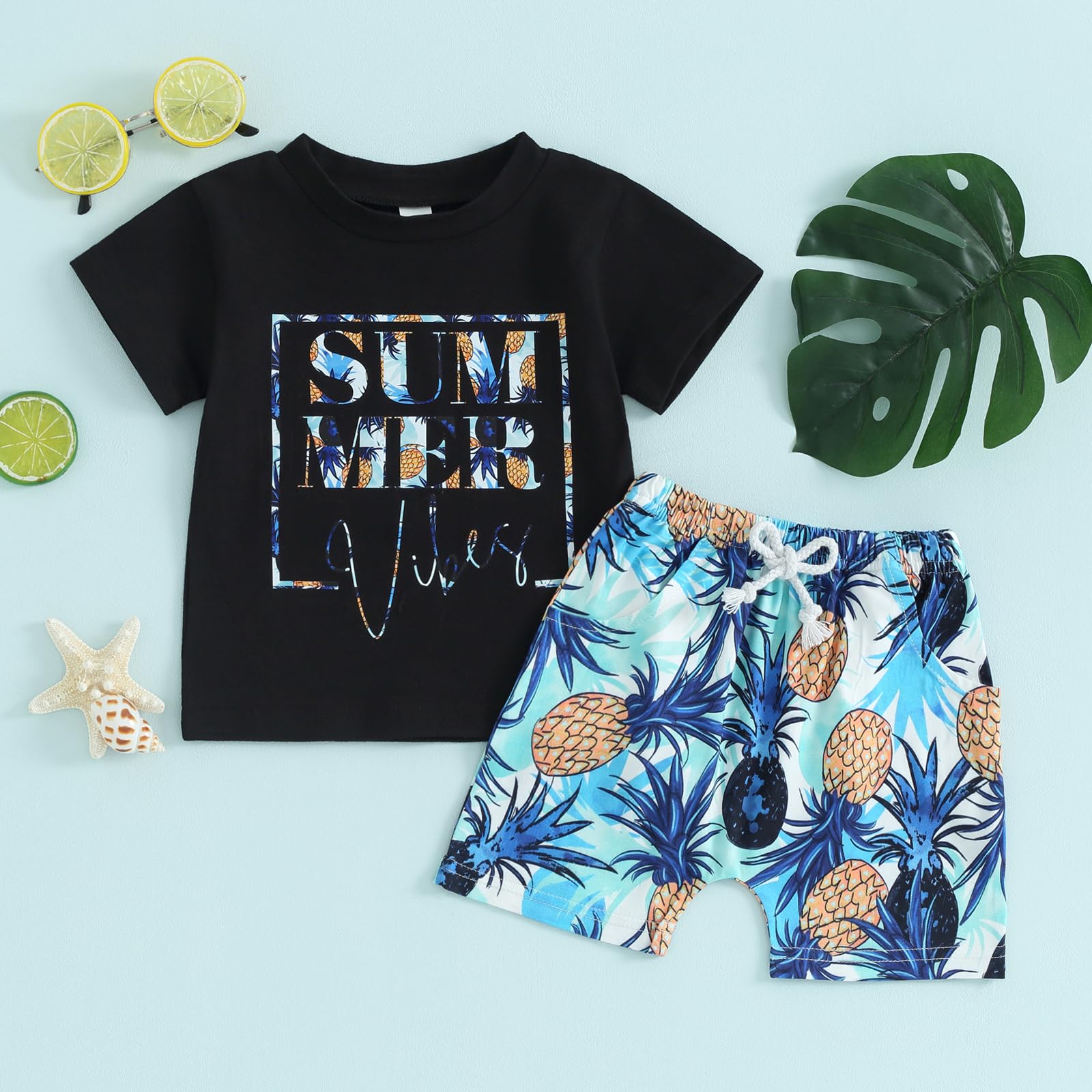 KnniMorning TEES Newborn Baby Boy Summer Outfits Coconut Tree Pineapple Pirint Black T Shirt And Shorts Toddler Beach Clothes (Blue, 18-24 Months)