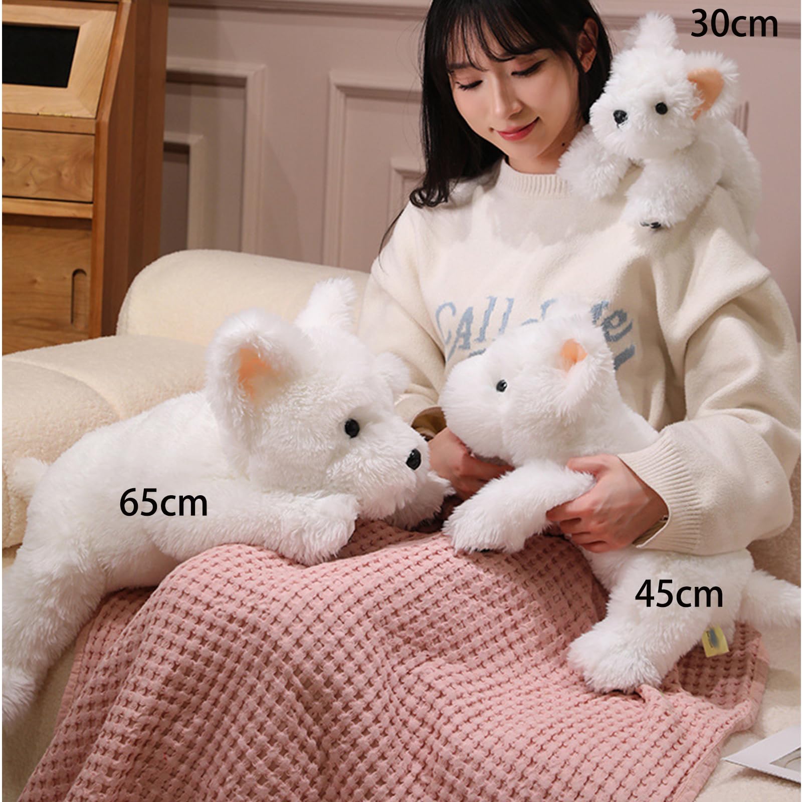 Hund Kuscheltier, 30/45/65cm Klein Weiß Welpe Plüschtier, Stofftier Plüsch Puppe Plüschtiere, Geschenk für Jungen Mädchen (65CM)