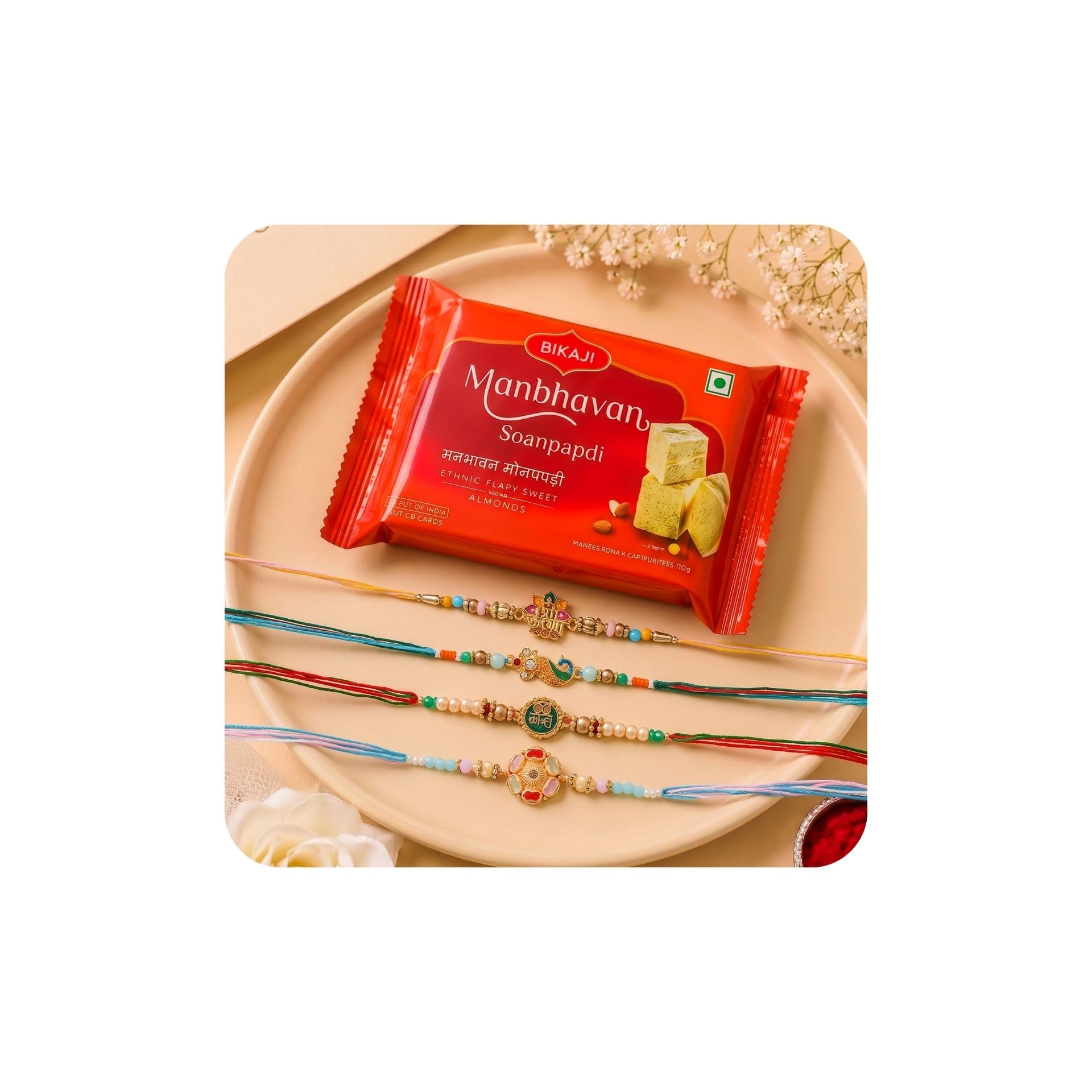 Poorak Designer For Brother Assorted, Greeting Card, Chawal Roli Pack Set (4 Rakhi, 1 Roli Chawal, 1 Greeting Envelope, 100 gm Soan Papdi) (S53, S53_MID)-picture-31
