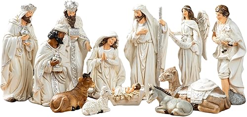 Miniatura 7 de glitzhome Figuras de ángel de Navidad marfil de 3 pies de alto con la Sagrada Familia de resina, estatua de belén, figuras de mesa, figuras