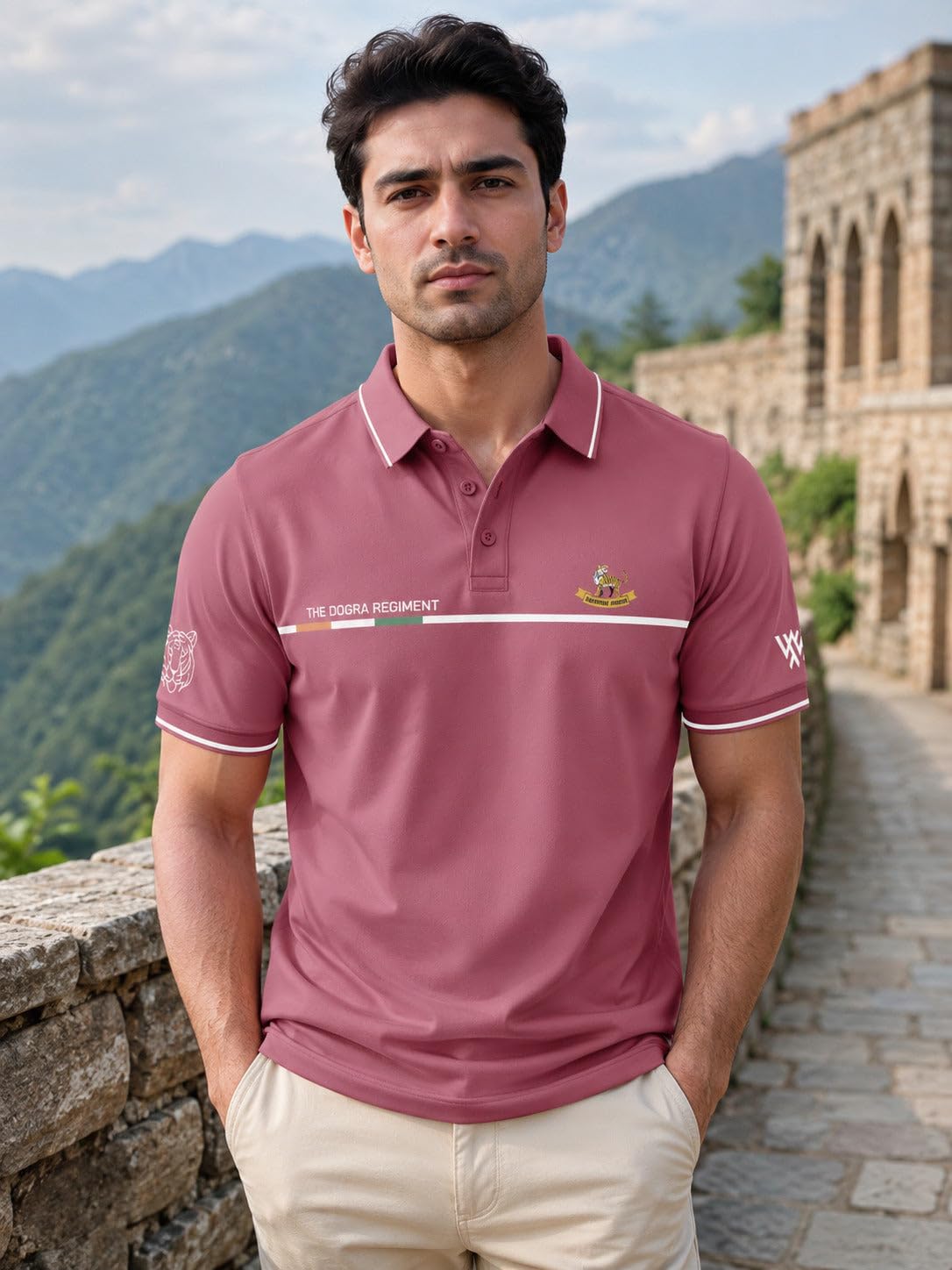 WarriorWorld Dogra Regiment Print Polo - Black | Cotton-blend polo, tipped collar & cuffs. Dogra Regiment crest, tricolor stripe chest print.-picture-49