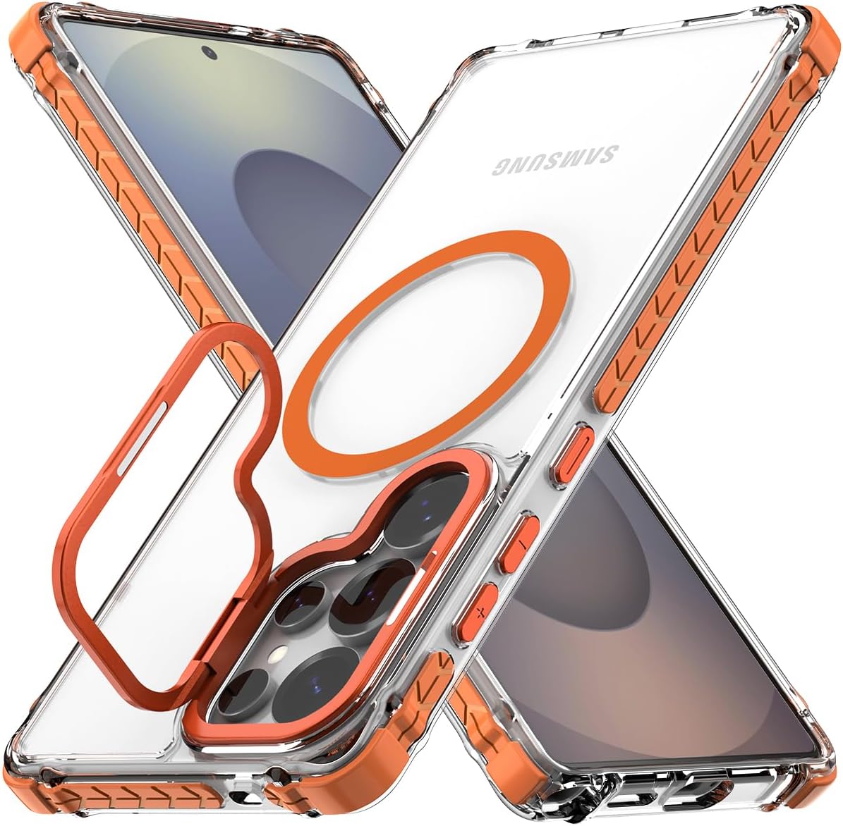 Nvollnoe for Samsung S25 Ultra Case Compatible with MagSafe Military Grade Shockproof Heavy Duty Protective Adjustable Kickstand Ultra Clear Magnetic Phone Case for Samsung S25 Ultra(Orange)