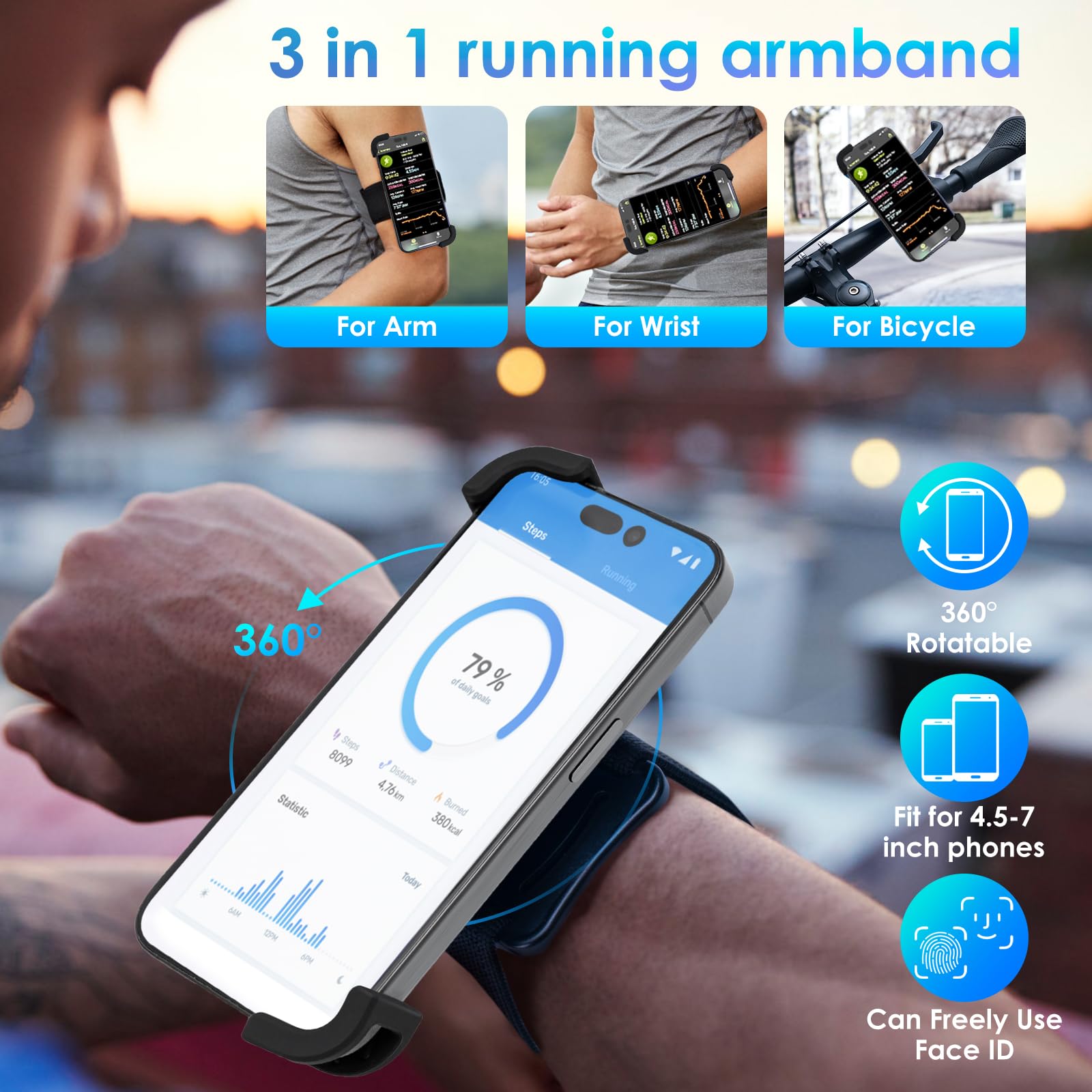 Cikyner Fascia da braccio girevole 3 in 1, supporto per telefono da corsa rimovibile per iPhone da 11,4 a 17,8 cm, palestra, escursionismo