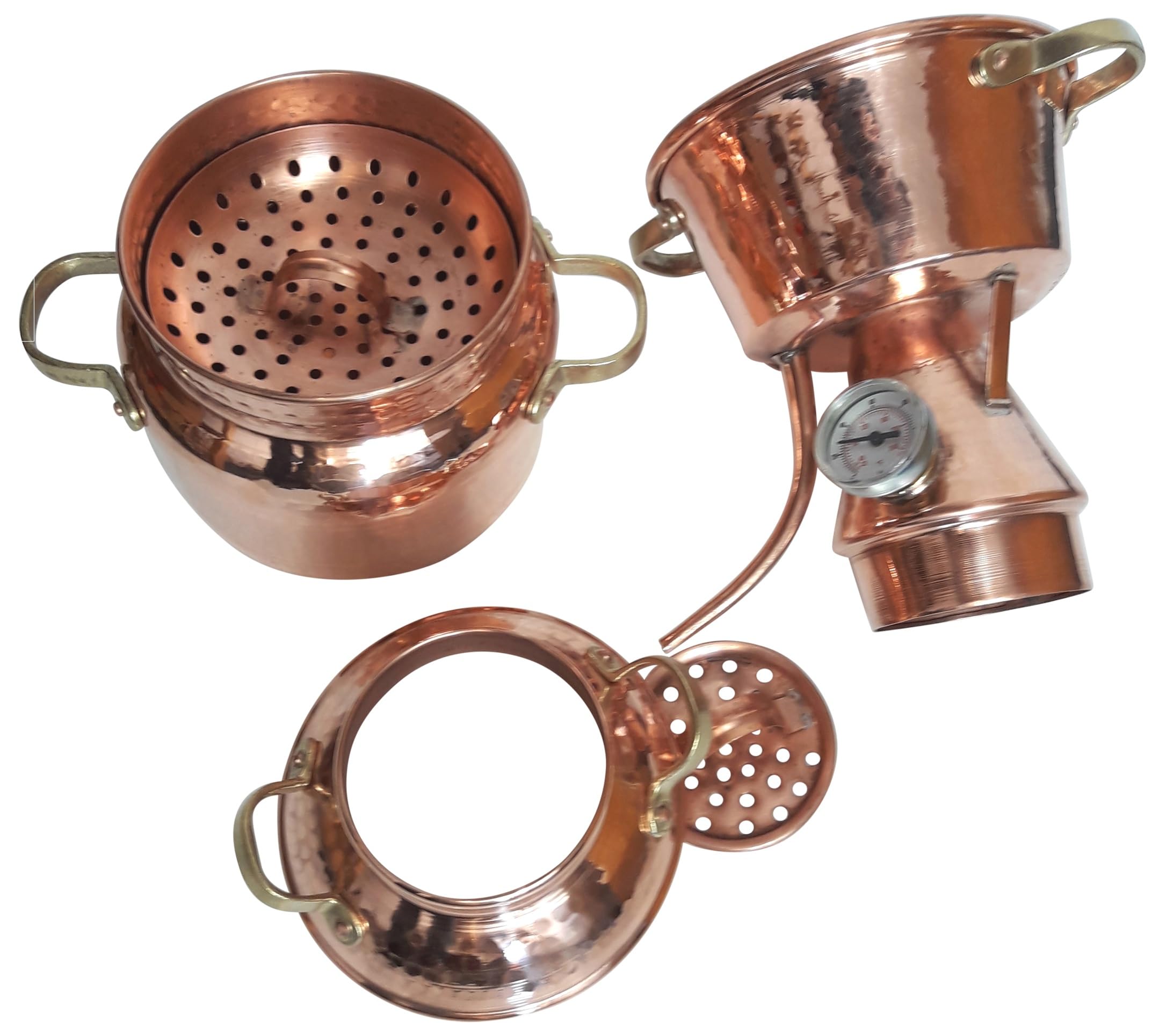 Destille Alquitara aus Kupfer 2 Liter mit Thermometer - Modell mit 3 Sieben (anmeldefrei) | Destillieranlage für ätherische Öle, Hydrolate (Pflanzenwasser), destilliertes Wasser