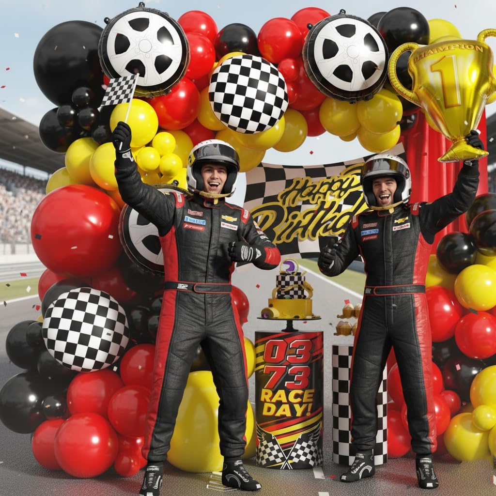 Race Car Balloon Arch Garland Kit, 154pcs Different Size Tire Flags Checkered Black Red Yellow Balloons Arch Kit for Racing Car Two Fast Theme Boy Birthday Anniversary Party Decorations - Image 5