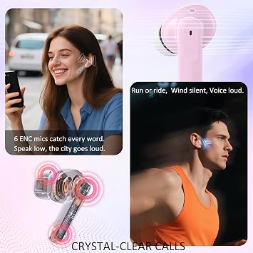 Wireless Earbuds Bluetooth 5.4, 6 Mic ENC Noise Cancelling Clear Call, in Ear Buds Deep Bass HiFi Stereo Sound, Big Dual LED Display 48H Playtime Earphones, IPX7 Waterproof Headphones Android iOS Pink