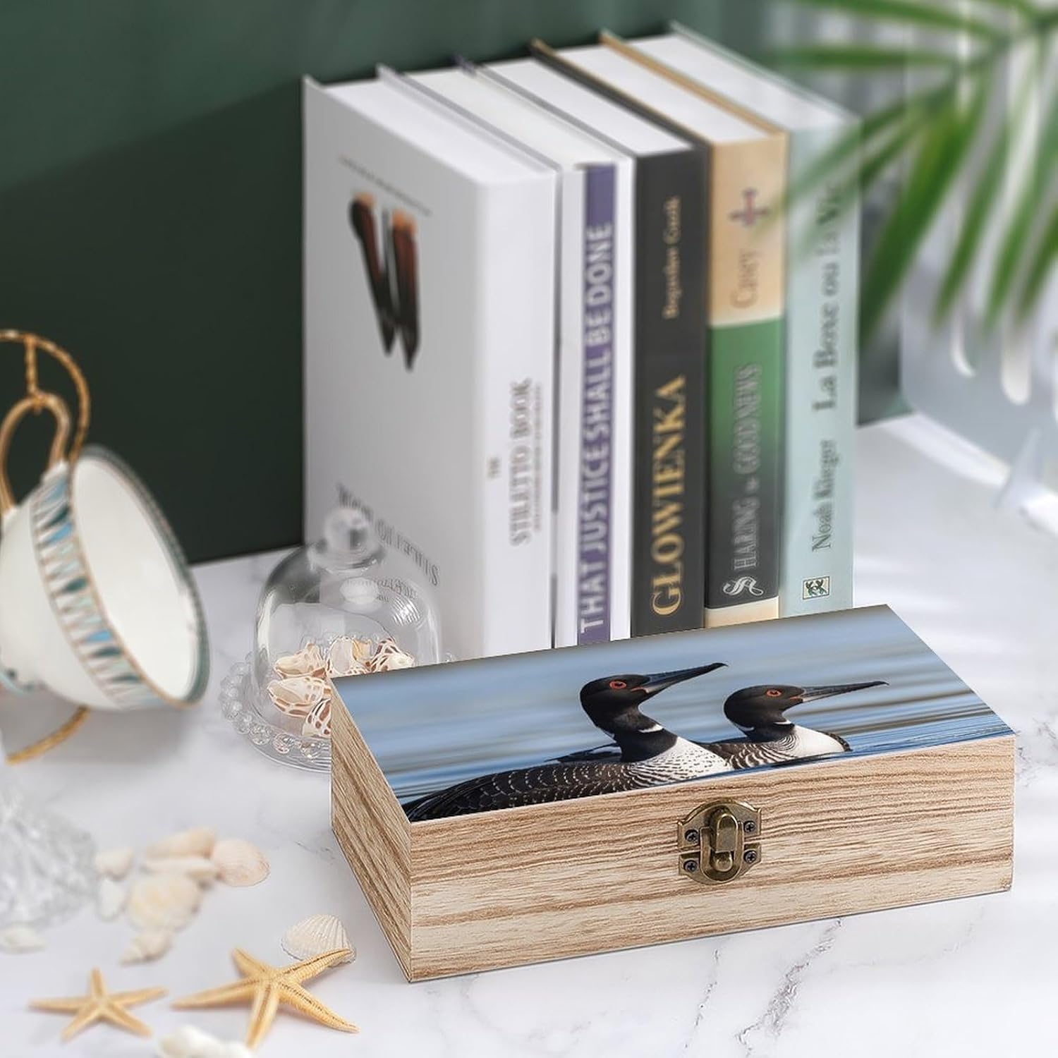 Loon Birds Memory Jewelry Wooden Box, Large Wooden Treasure Chest Boxes with Hinged Lid, Photos Storage Case for Women Men, Wooden Keepsake Box, 7.9'' X 3.9'' X2.3''