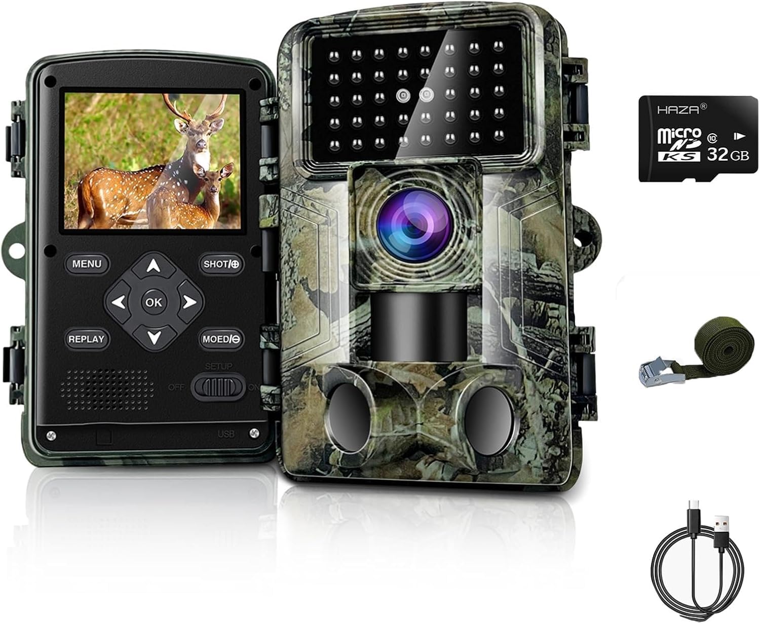 Fotocamera per animali selvatici, fotocamera da 2,7 K, 58 MP, Full HD, con sensore di movimento, visione notturna, monitor di osservazione con scheda SD da 32 G, tempo di scatto 0,1 s