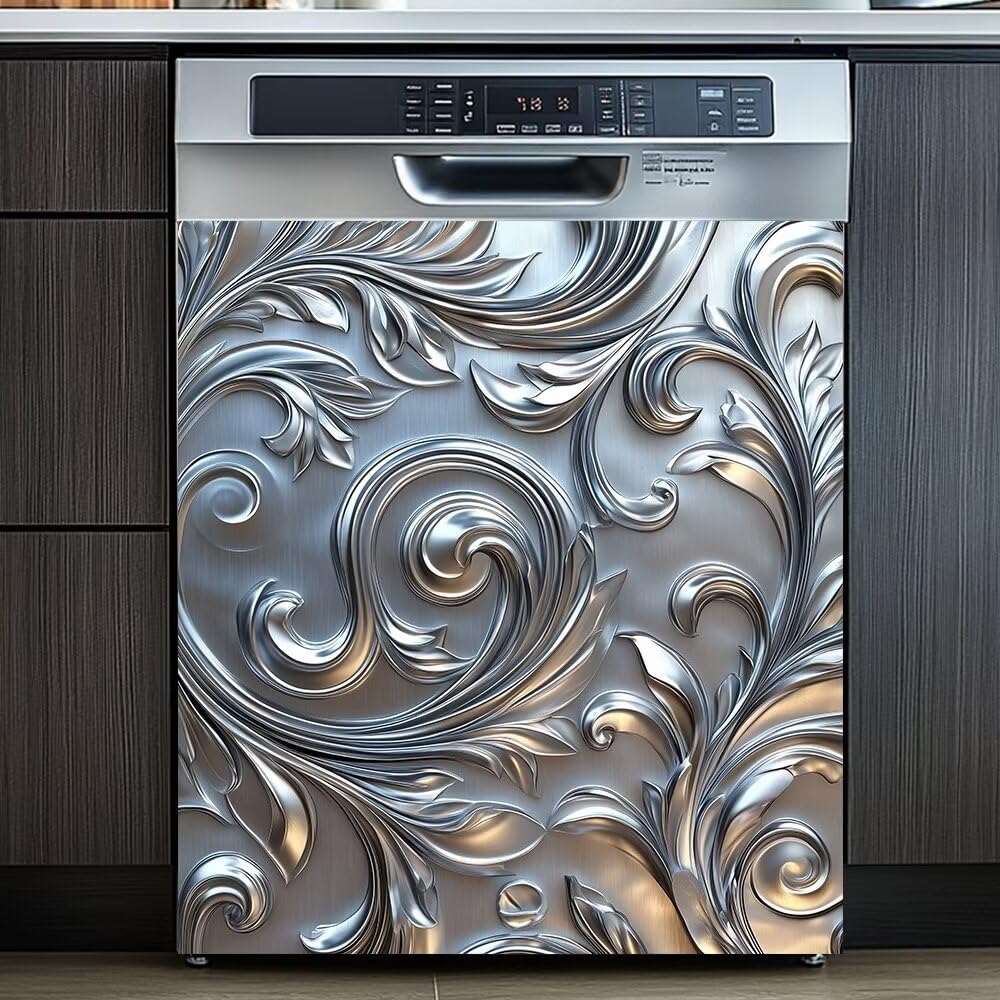 Dishwasher Magnet Cover Sticker Stainless Steel Design Swirling Leaves and Curves Pattern Magnetic Refrigerator Panel Front Door Fridge Microwave Decal 23W x 26H inchs (Color black)