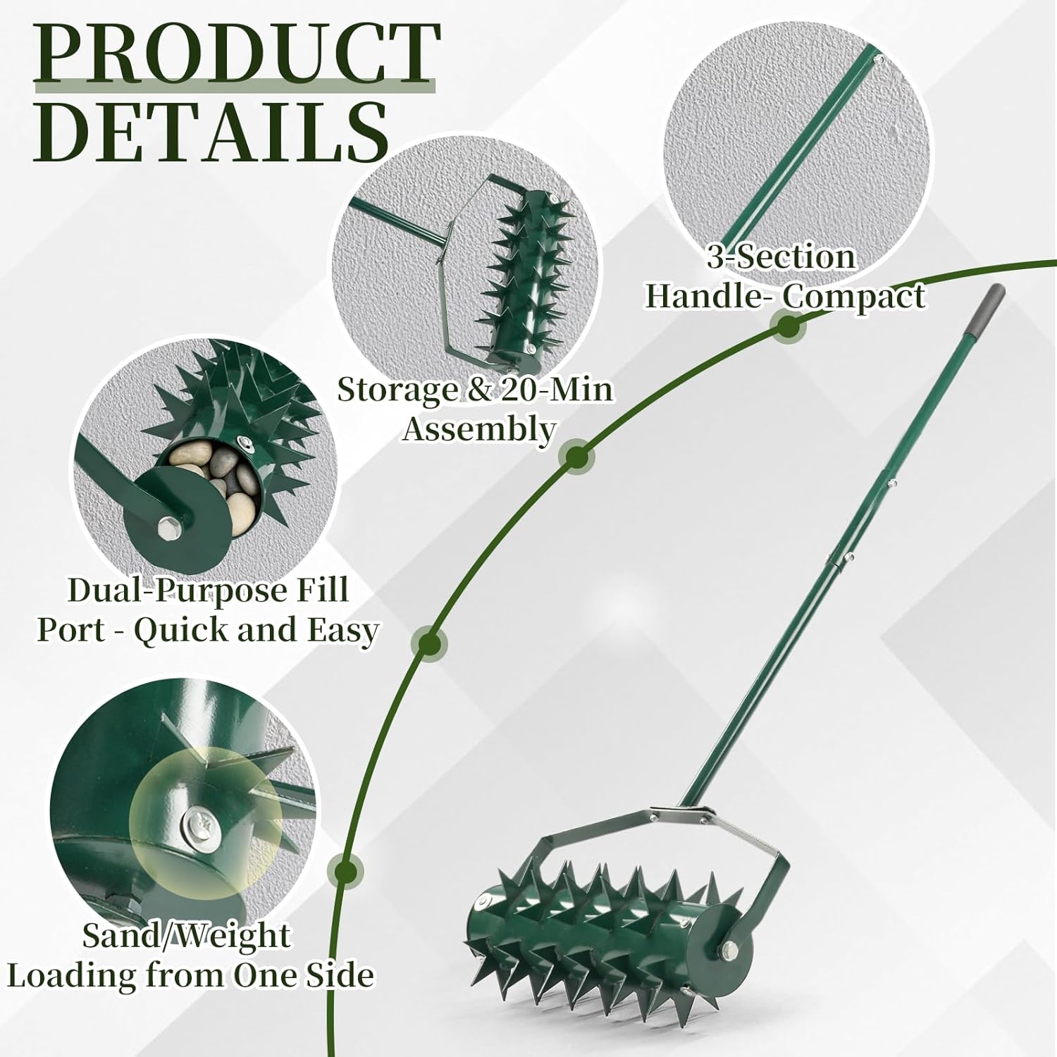 VINGLI Aerator Lawn Tool, Heavy Duty Manual Rolling Lawn Aerator for Yard and Garden, Easy-to-Assemble, 49'' Long Handle Rolling Lawn Aerator (Green)