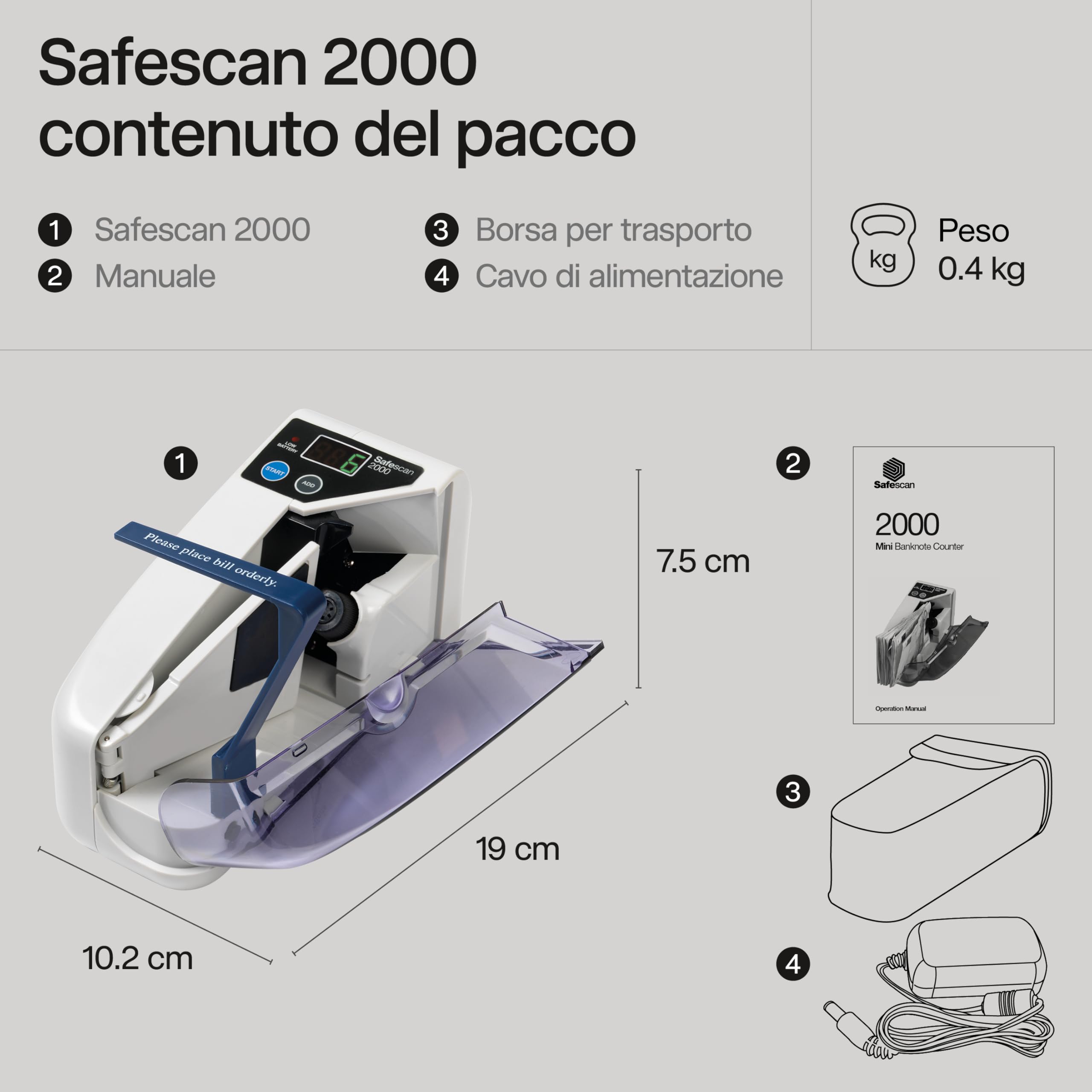 Safescan 2000 contabanconote portatile che conta banconote ordinate - Contabanconote da viaggio - Contabanconote per banconote ordinate e per tutte le valute