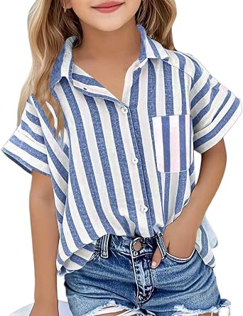 Girls Summer Striped Loose Shirt Button Down Short Sleeve Blouse Lapel Homecoming Casual T-Shirt Trendy Preppy Tee