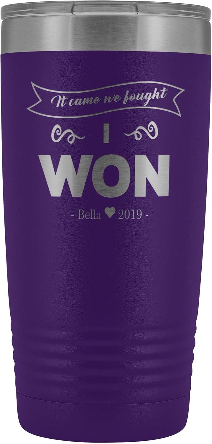 Breast Cancer Survivor Gift Personalized 20 Tumbler Came We Fought Won Engraved With Name And Year (Purple)