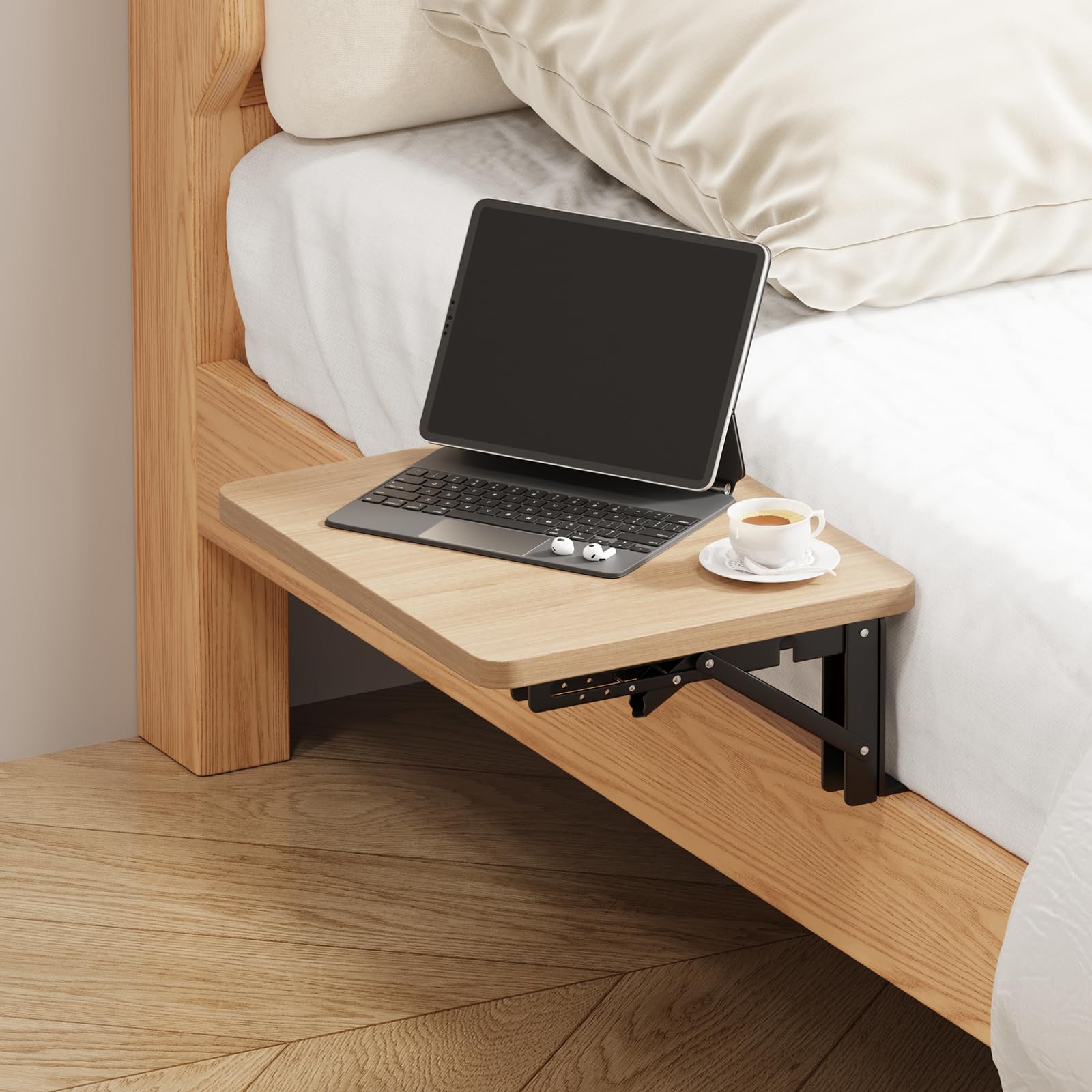 Menaka Floating Bedside Shelf Table Oak 30x25cm, Small Folding Bed Mounted Side Table Tray Clip On Nightstand for Bunk & Top Bunk Wood Tabletop with Metal Frame (oak#1) — image 1