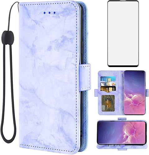Asuwish Compatible con Samsung Galaxy S10 y protector de pantalla de vidrio templado, accesorios para tarjetero, soporte para celular, billetera de